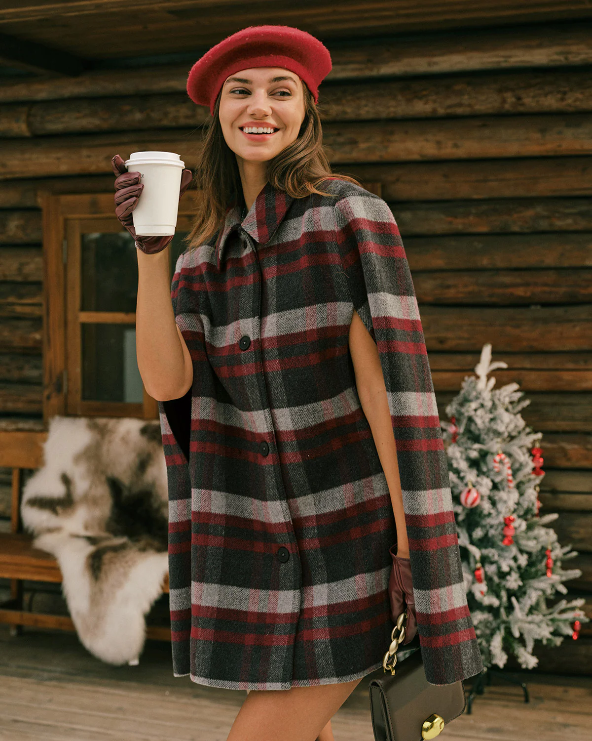 Red Plaid Cape Sleeve Coat - Image 3