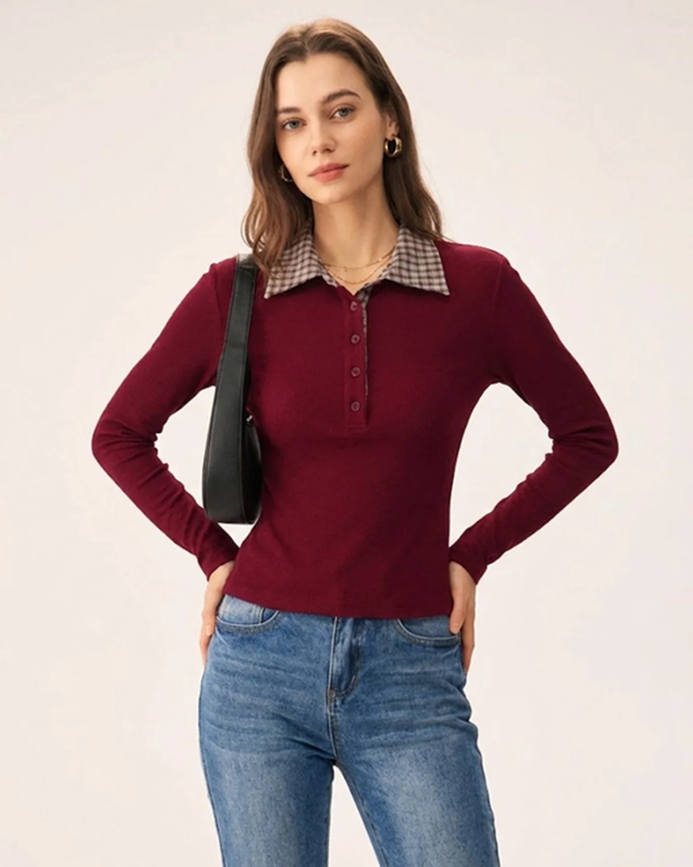 Red Plaid Collar Viscose Tee - Image 2