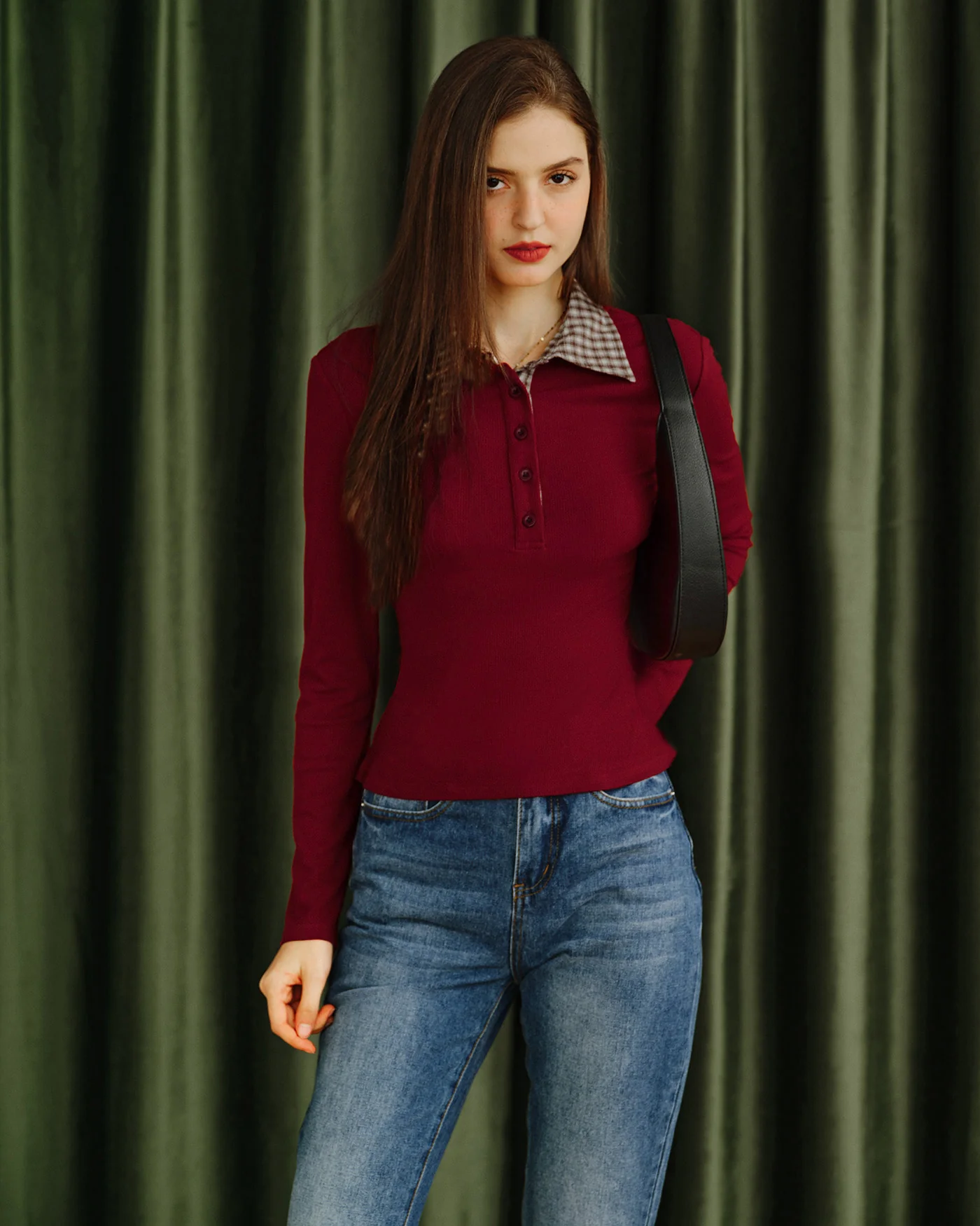Red Plaid Collar Viscose Tee - Image 3