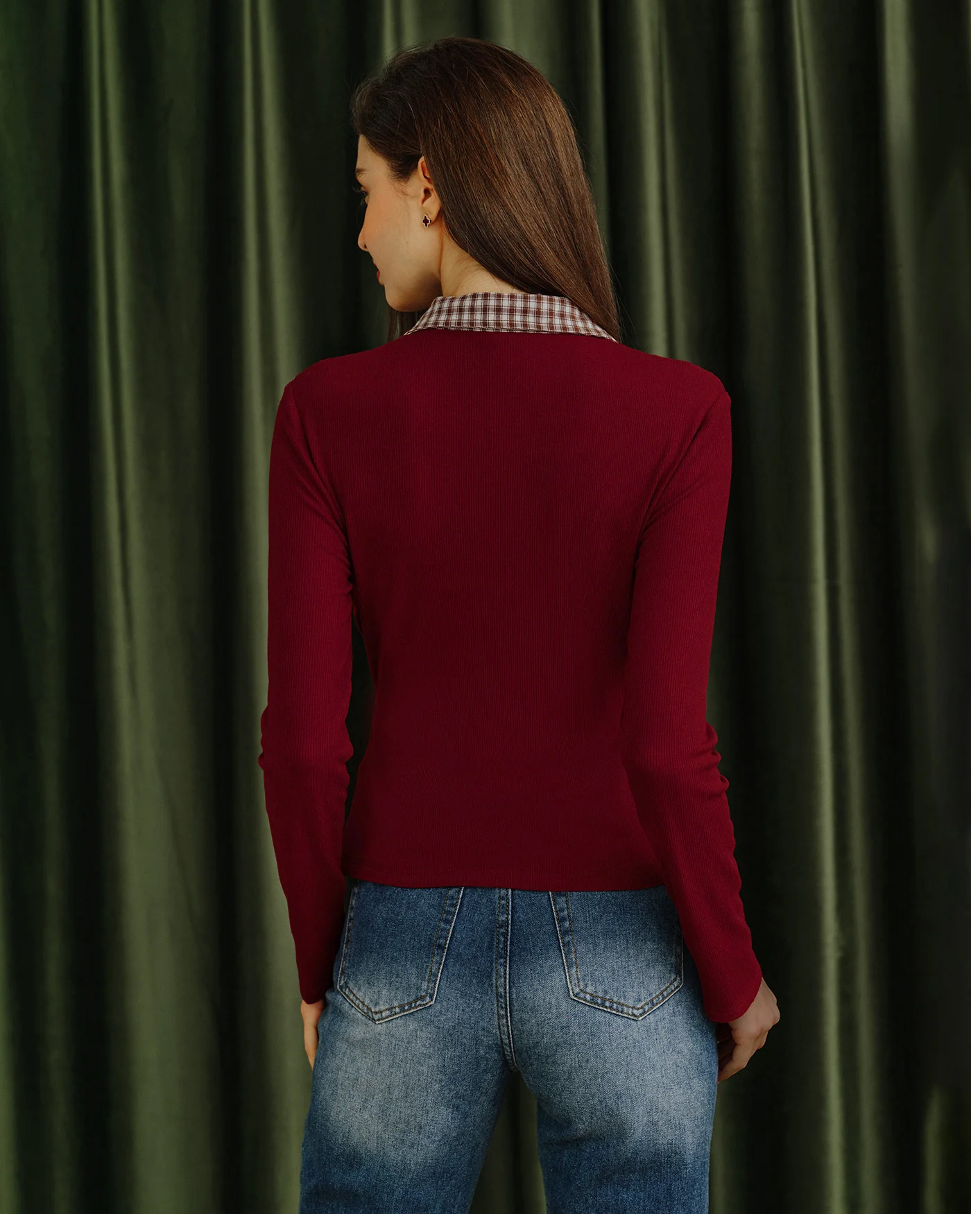 Red Plaid Collar Viscose Tee - Image 5