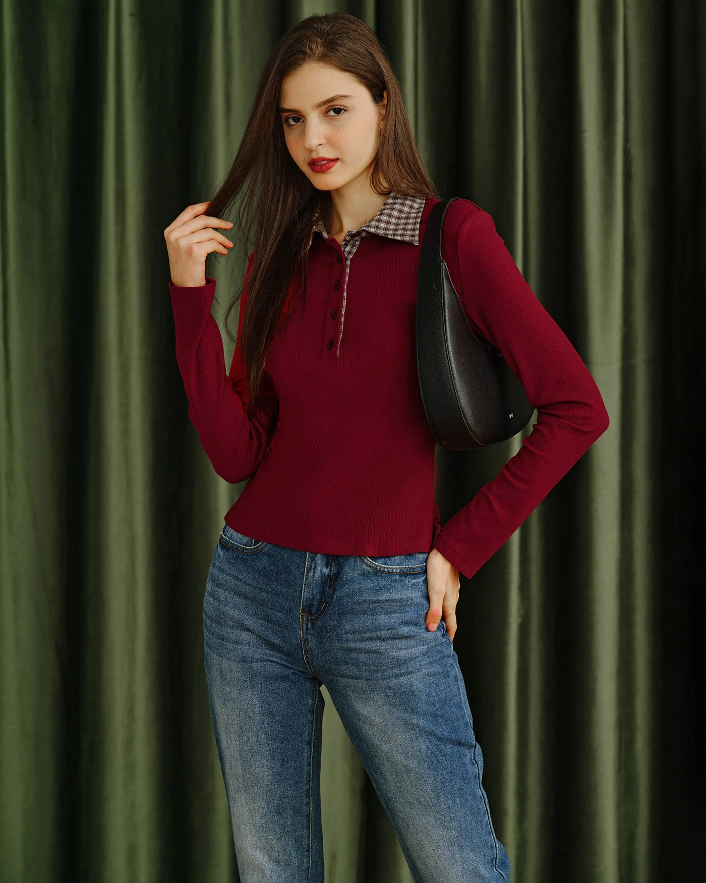 Red Plaid Collar Viscose Tee - Image 6