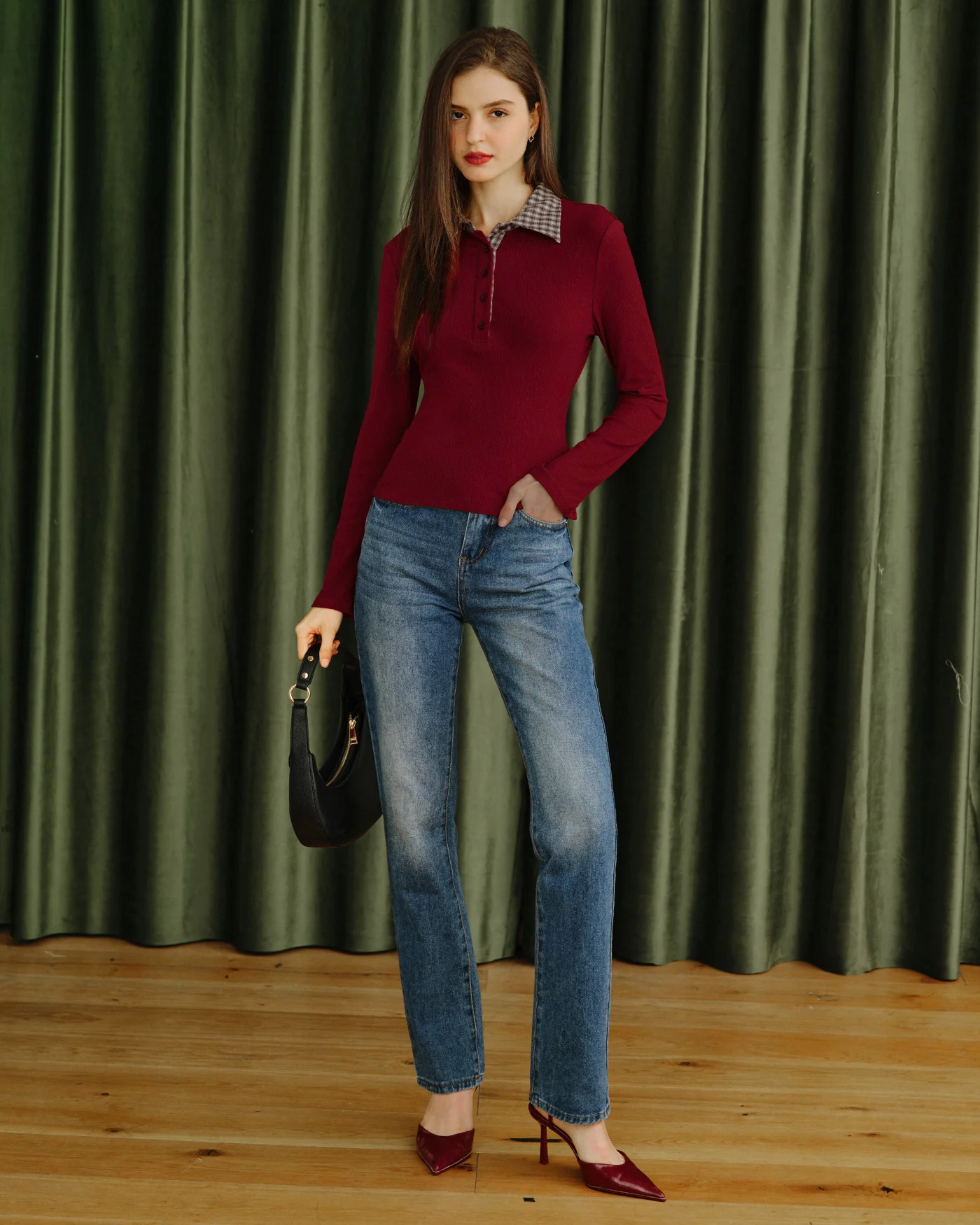 Red Plaid Collar Viscose Tee - Image 7