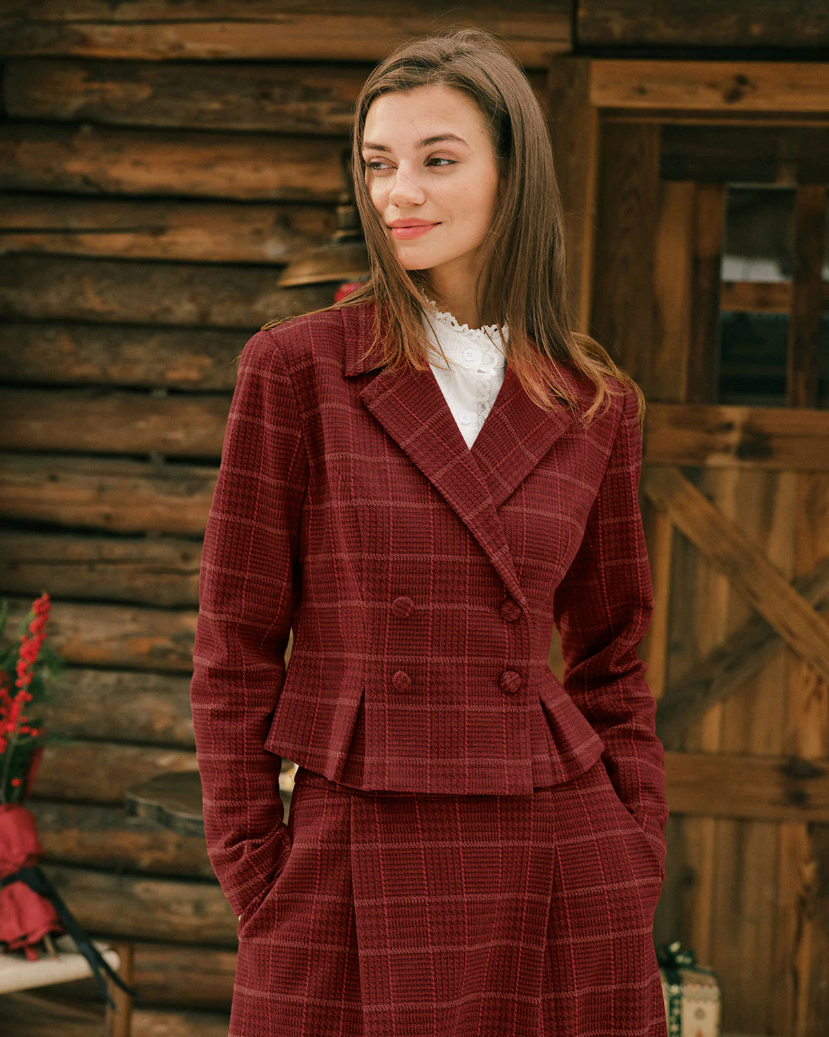 Red Plaid Double Breasted Jacket - Image 2