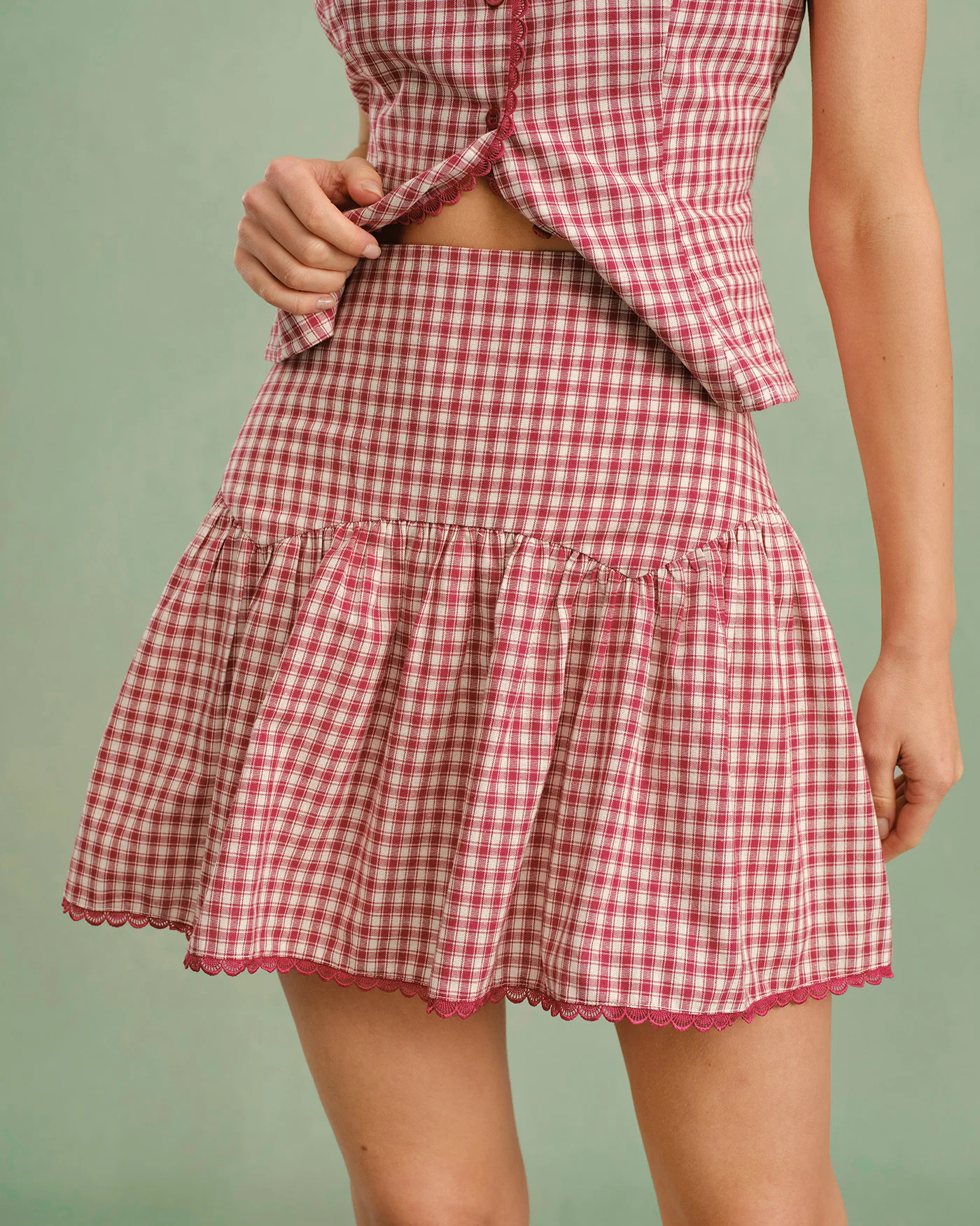 Red Plaid Ruched Mini Skirt - Image 4