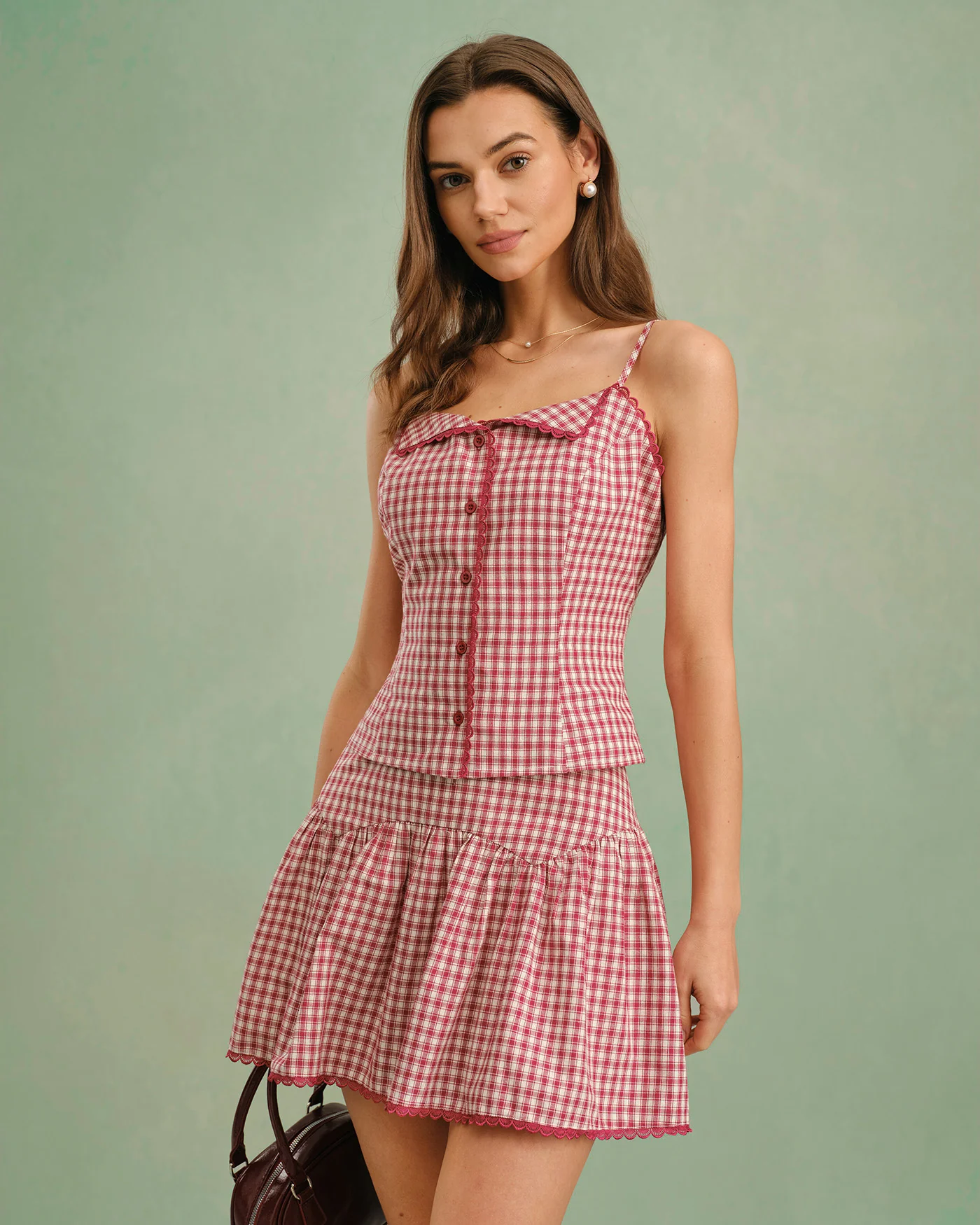 Red Plaid Ruched Mini Skirt - Image 6