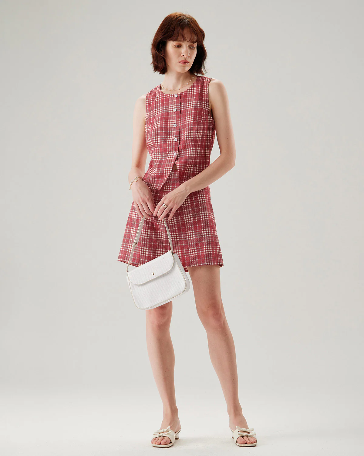 Red Plaid Single Breasted Vest - Image 3
