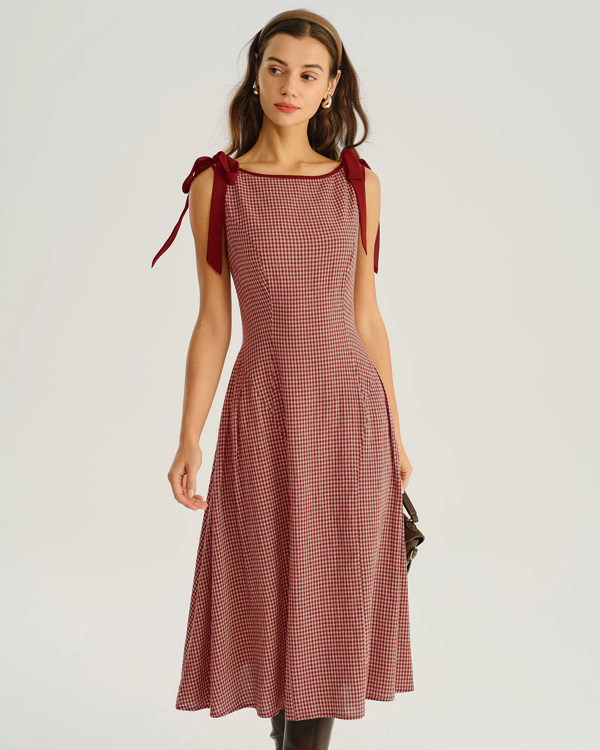Red Gingham Tie Strap A-Line Midi Dress - Image 2
