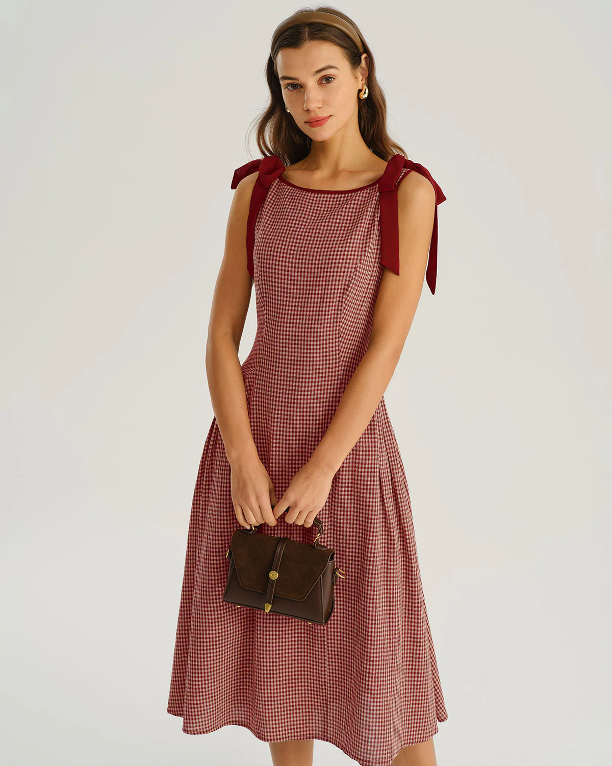 Red Gingham Tie Strap A-Line Midi Dress - Image 3