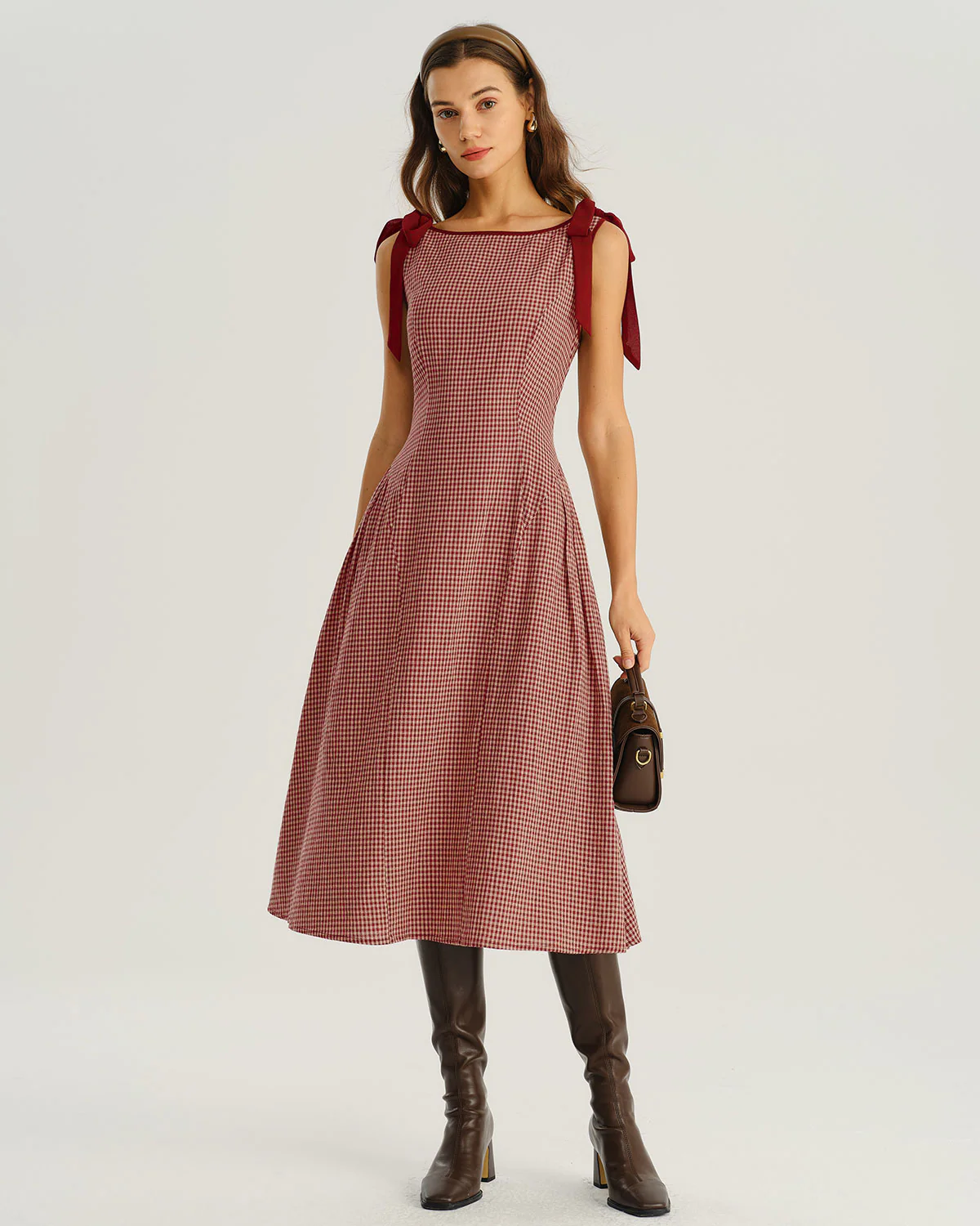 Red Gingham Tie Strap A-Line Midi Dress - Image 4