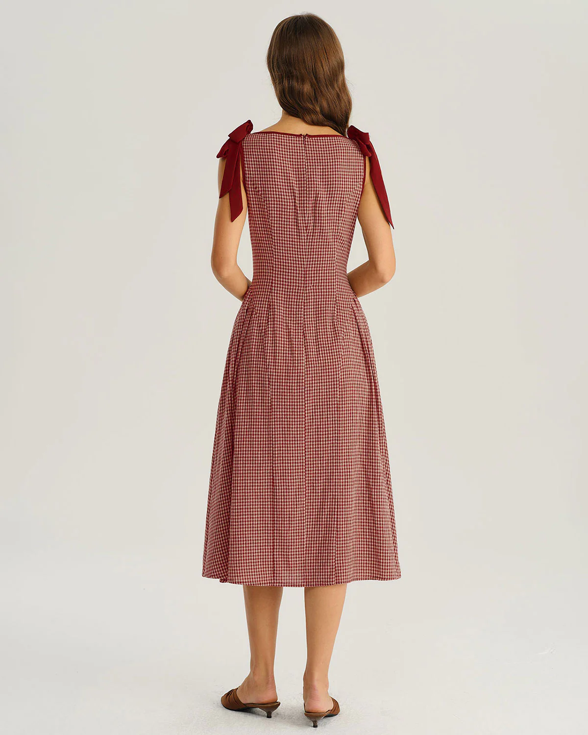 Red Gingham Tie Strap A-Line Midi Dress - Image 5