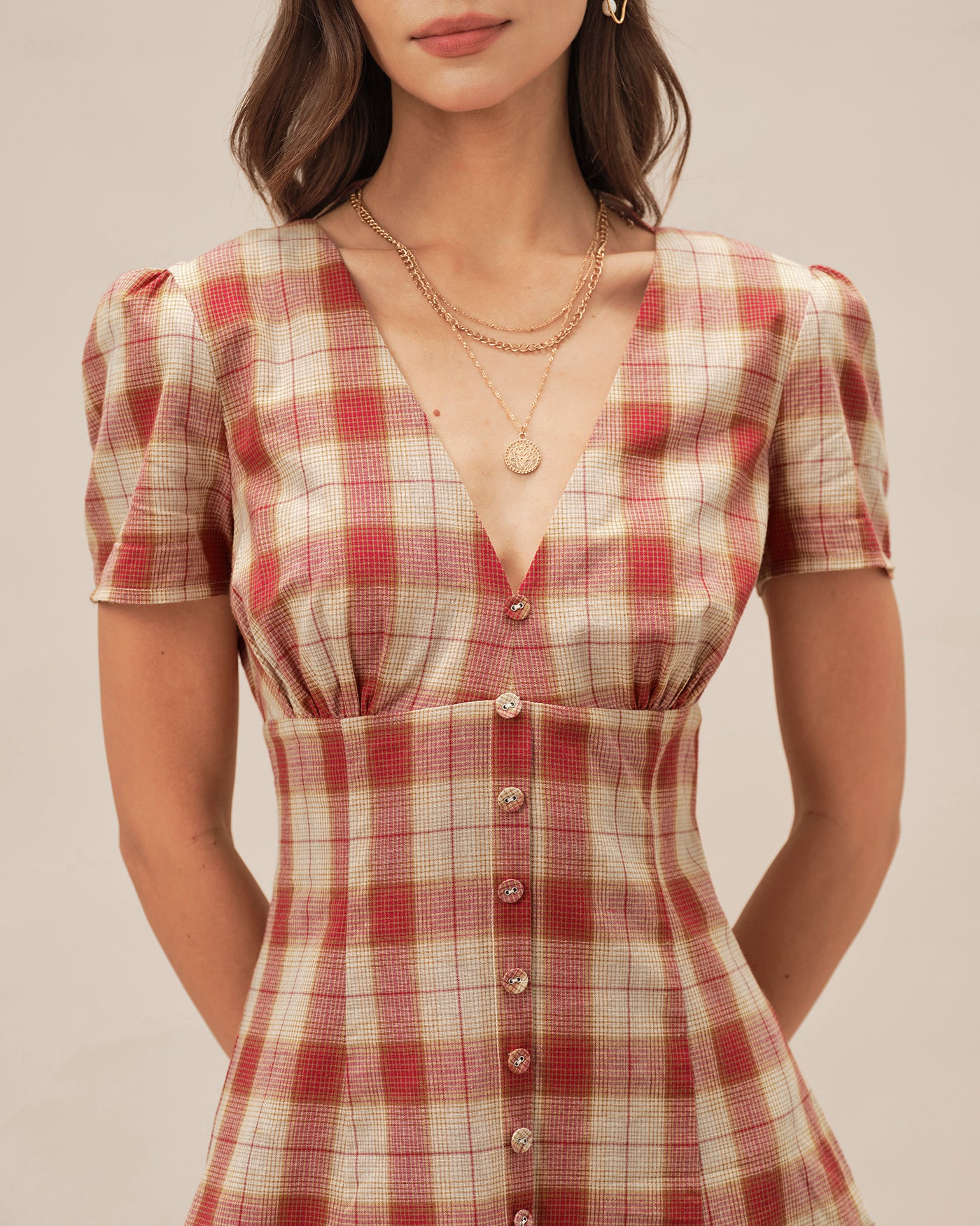 Red Plaid V Neck Mini Dress - Image 2