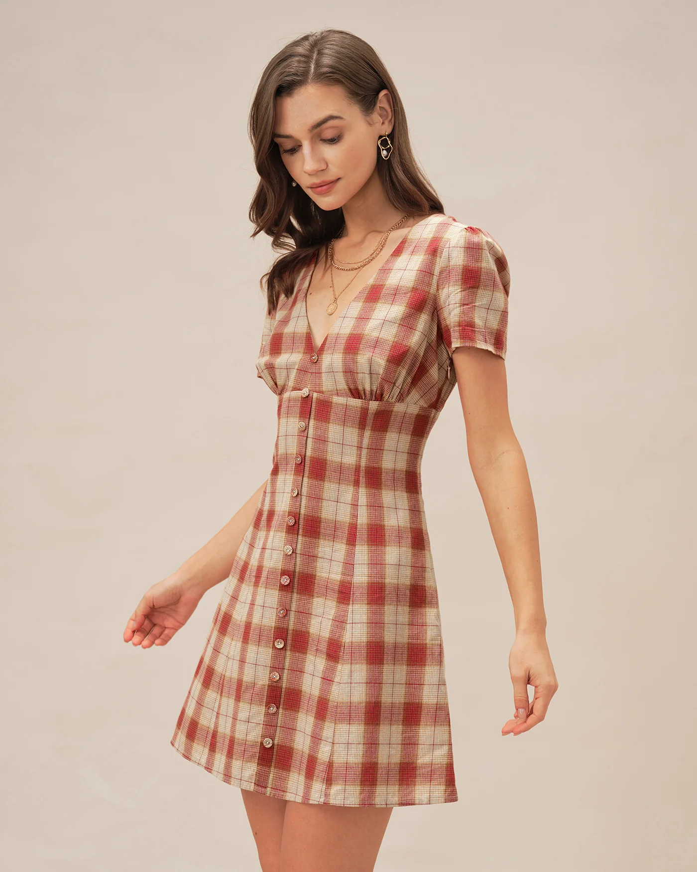 Red Plaid V Neck Mini Dress - Image 3