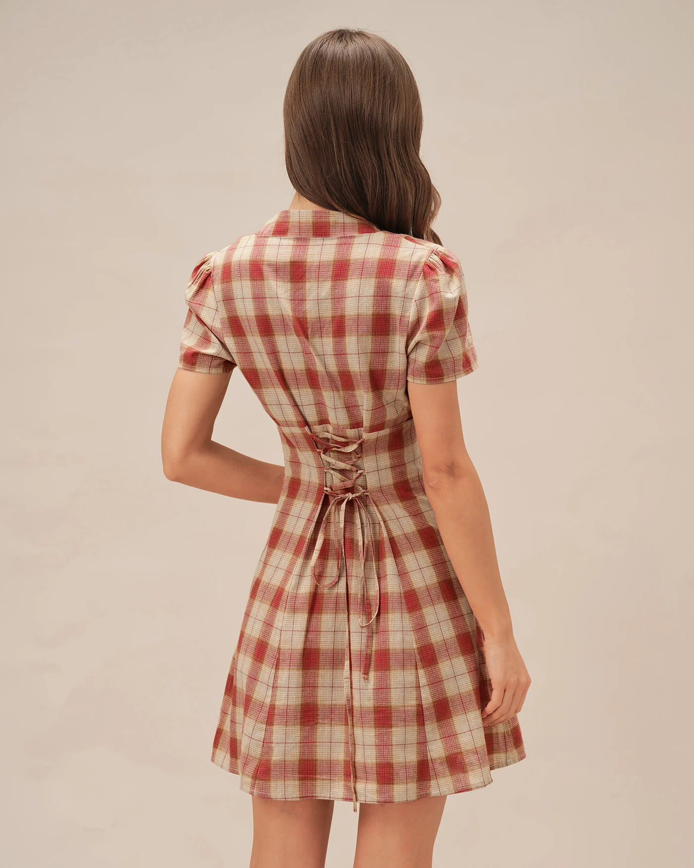 Red Plaid V Neck Mini Dress - Image 4