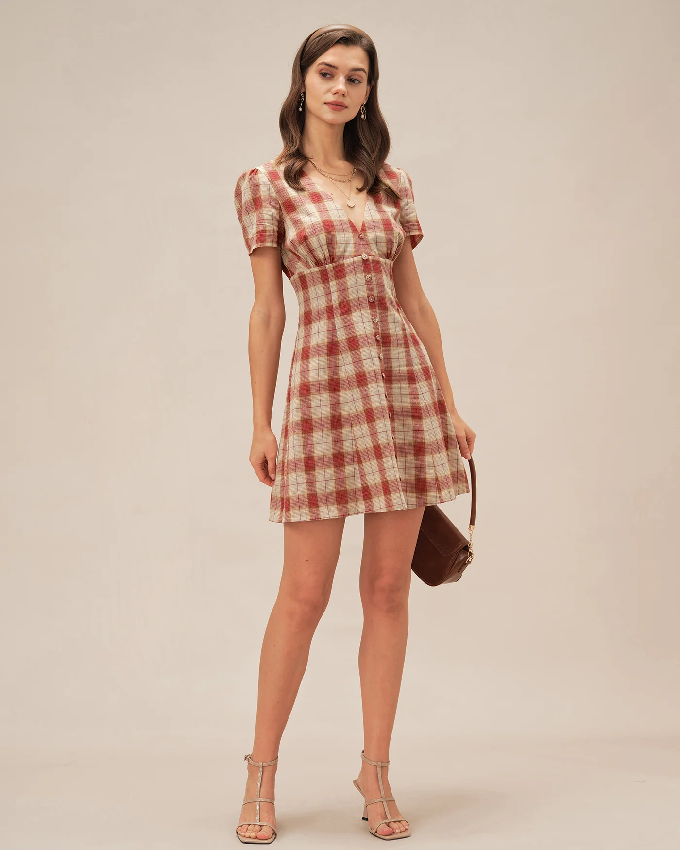 Red Plaid V Neck Mini Dress - Image 5