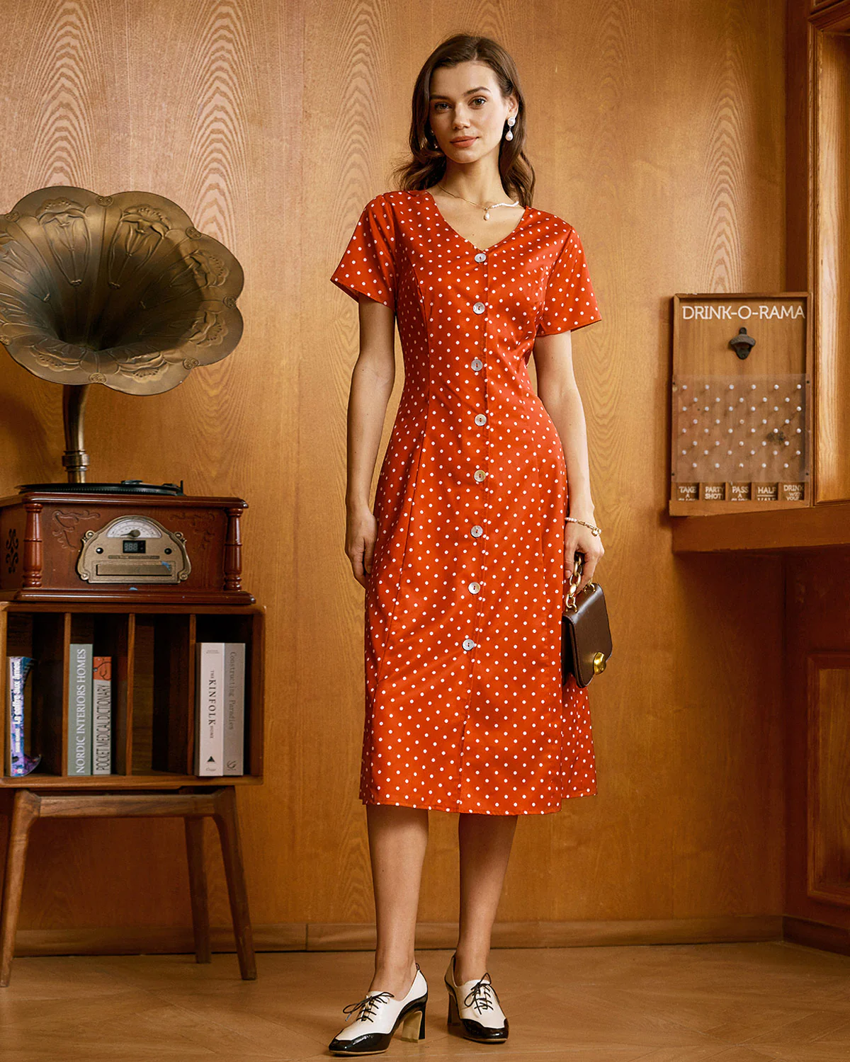 Red Polka Dot Button Midi Dress - Image 3