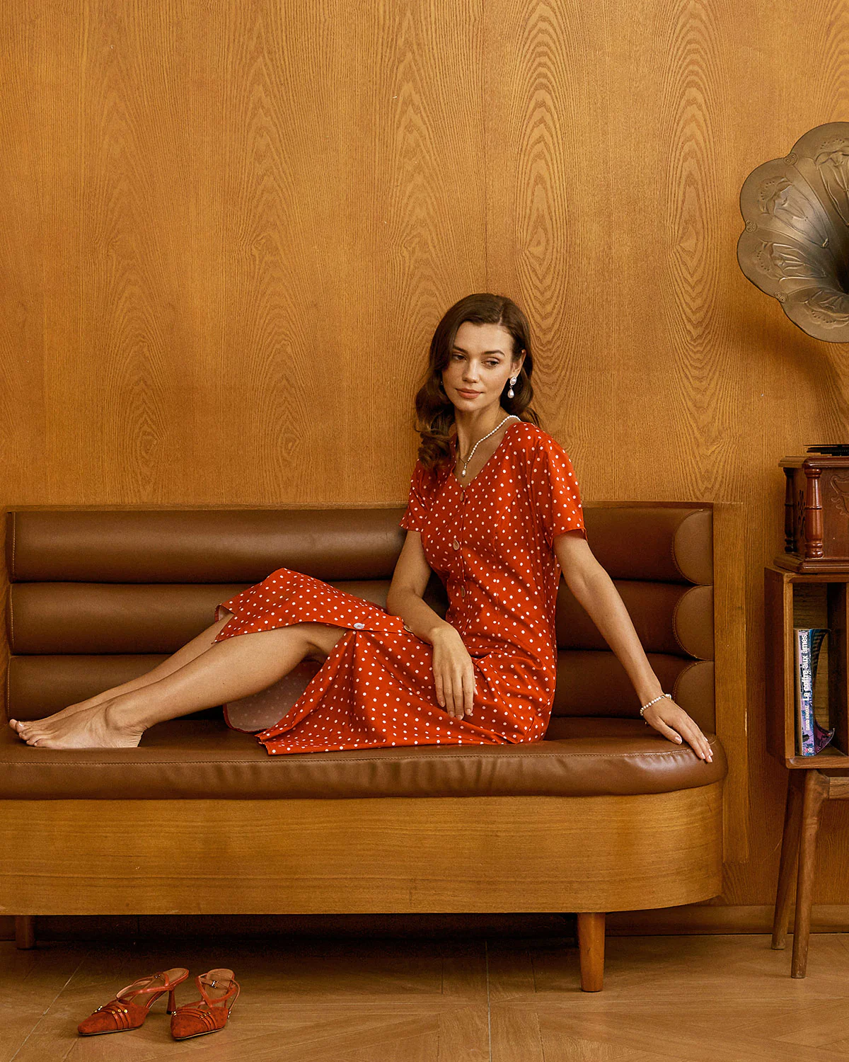 Red Polka Dot Button Midi Dress - Image 5