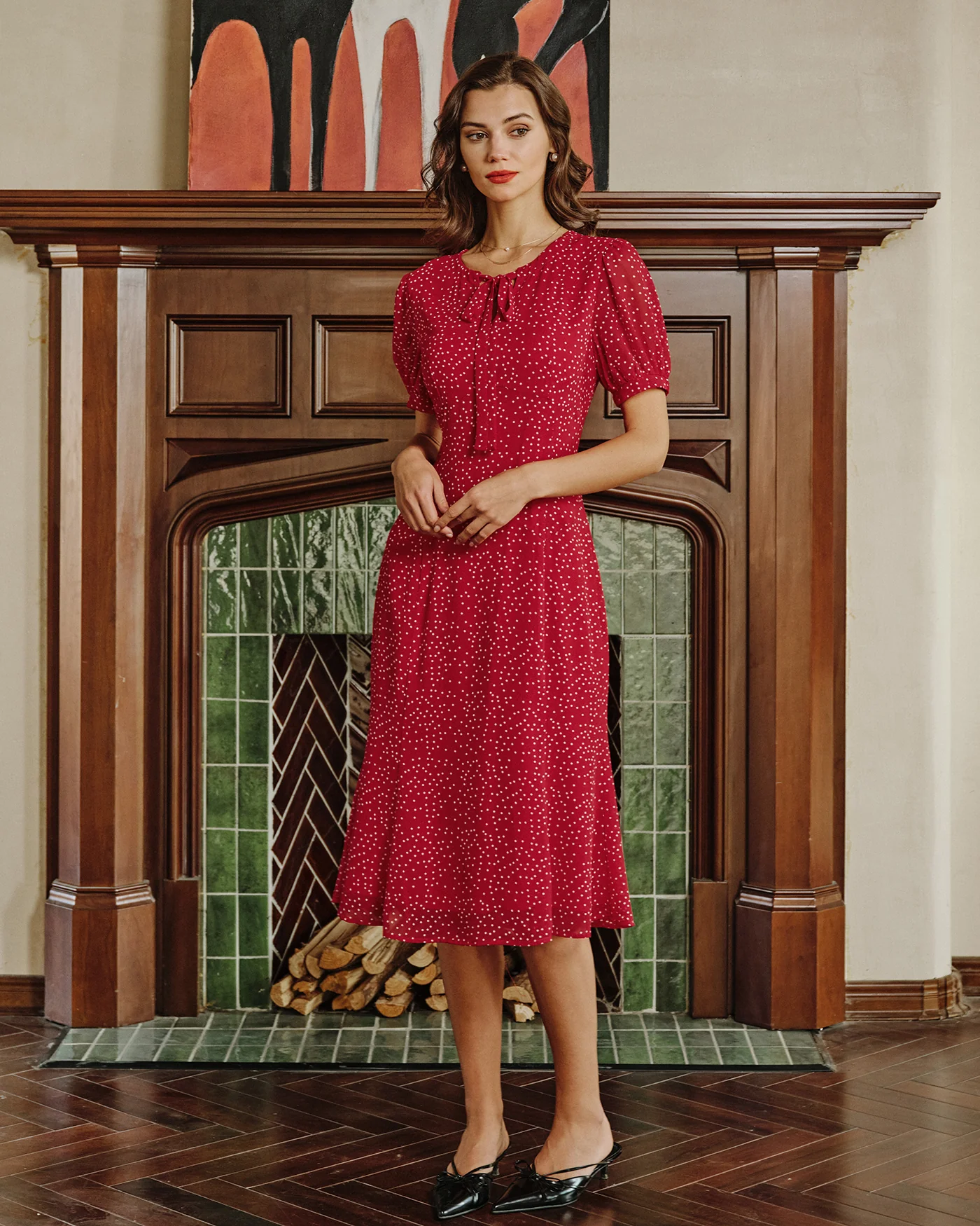 Red Polka Dot Chiffon Midi Dress - Image 3