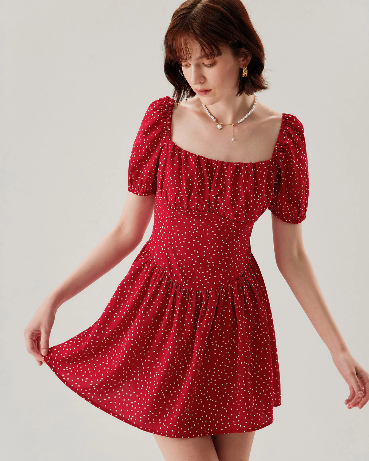 Red Polka Dot Square Neck Mini Dress - Image 4