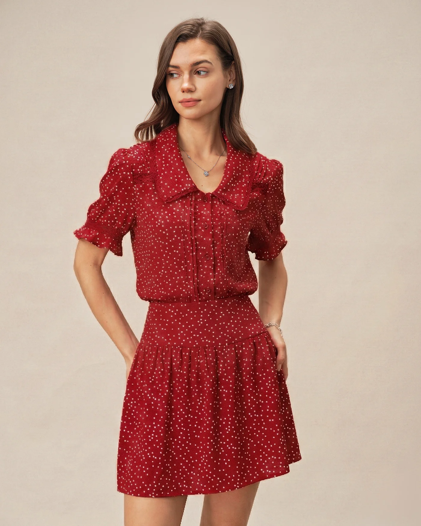 Red Puffed Sleeve Polka Dot Collar Blouse - Image 2