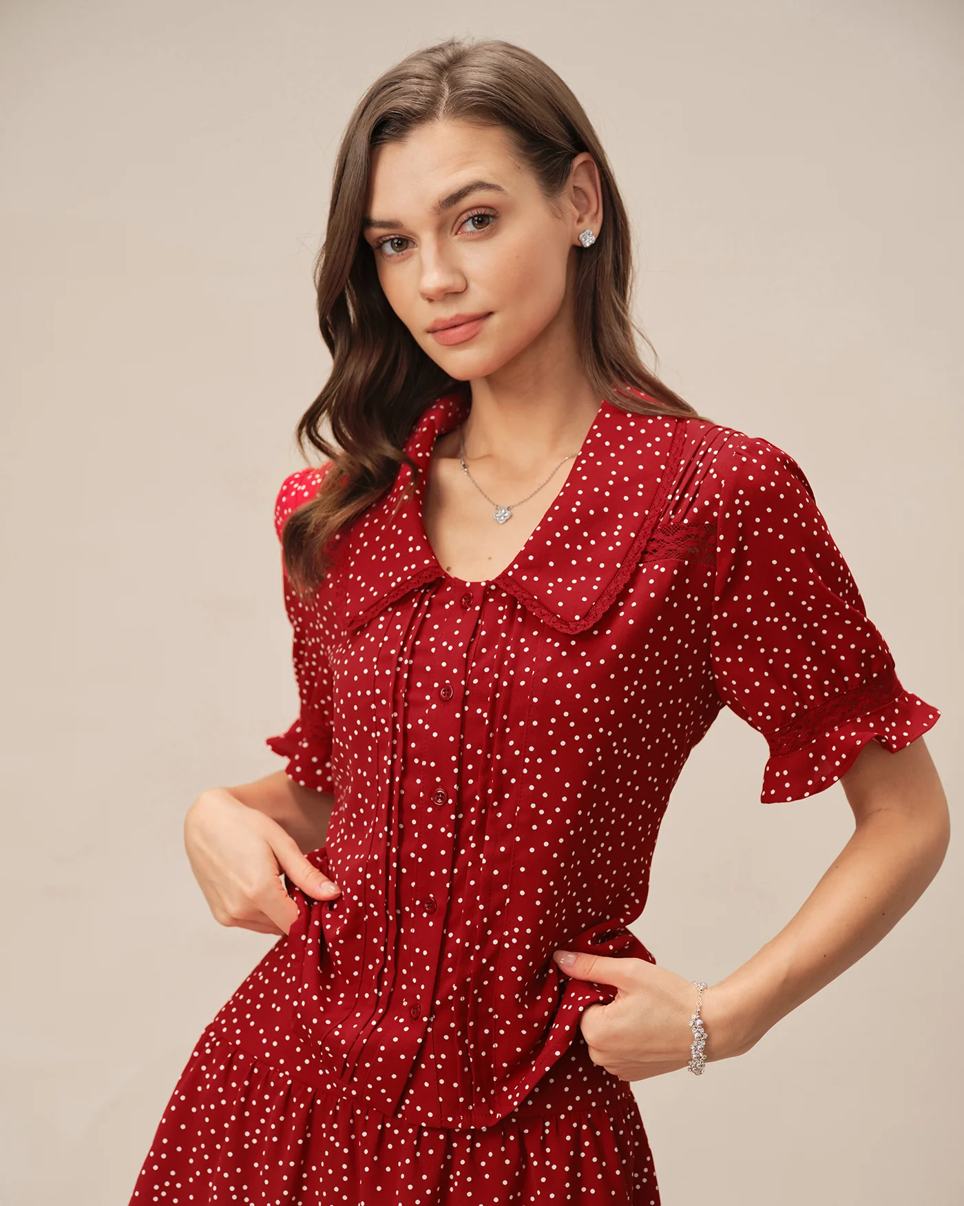 Red Puffed Sleeve Polka Dot Collar Blouse - Image 3