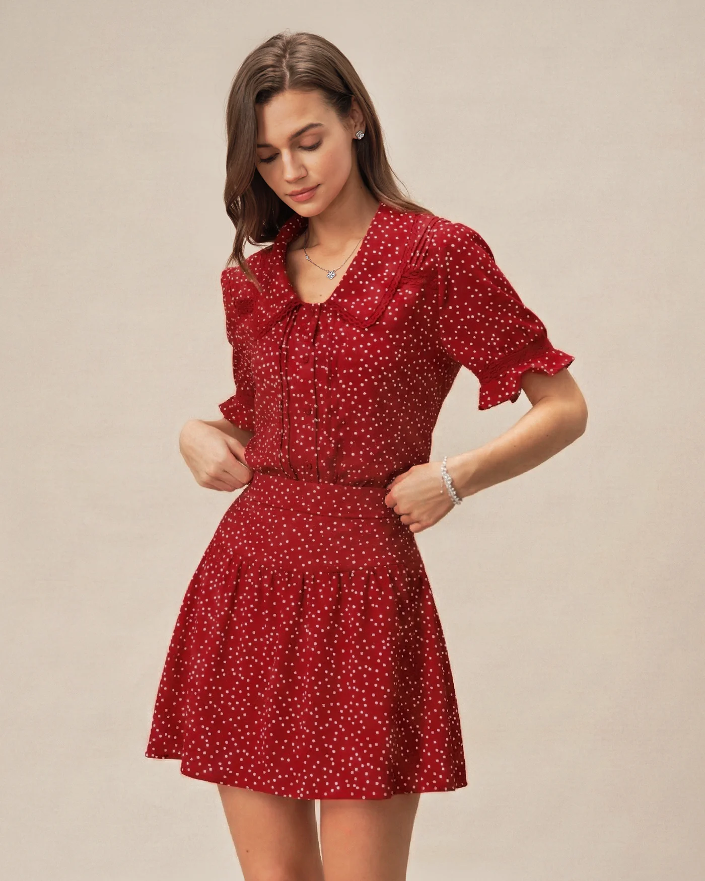 Red Puffed Sleeve Polka Dot Collar Blouse - Image 4