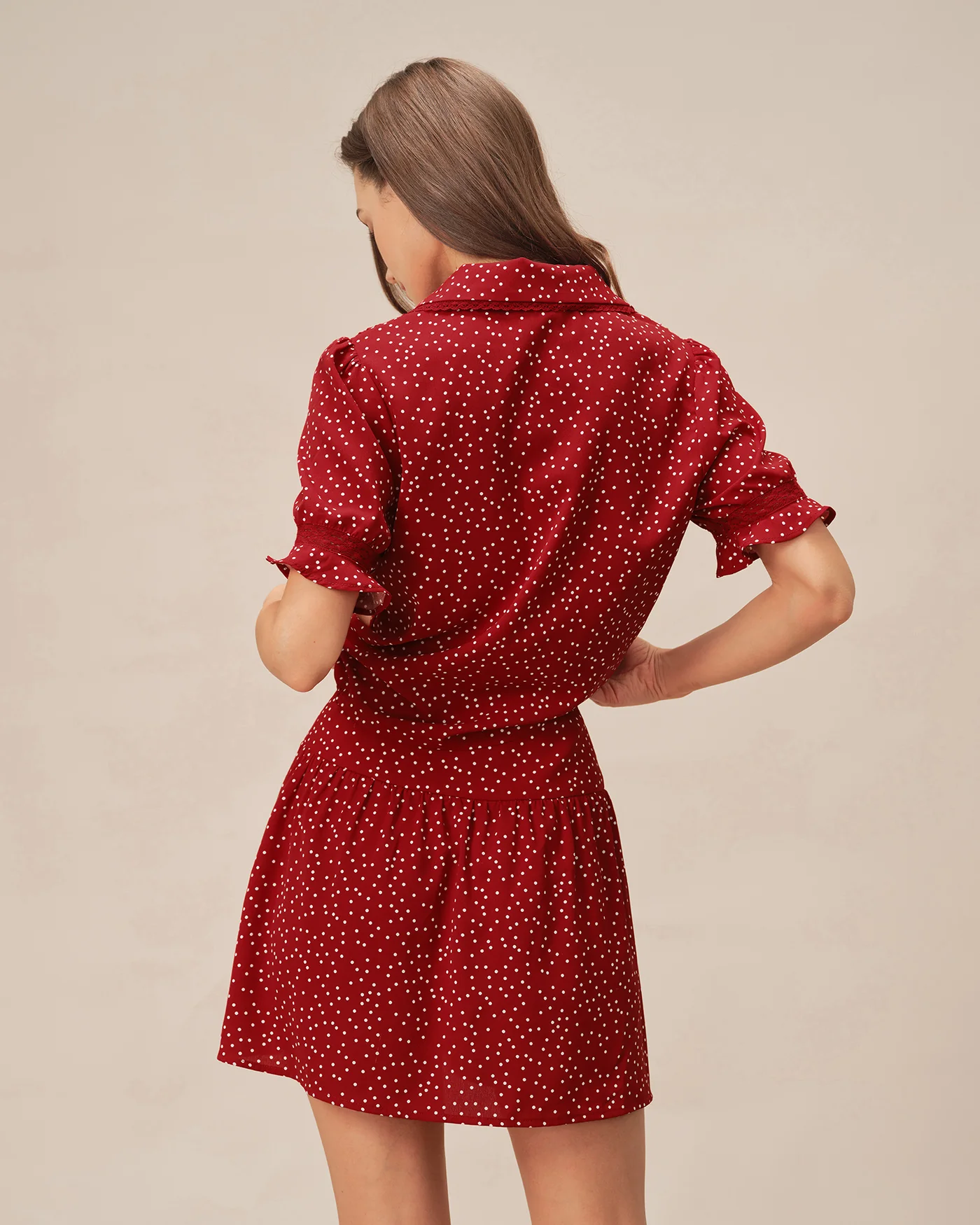Red Puffed Sleeve Polka Dot Collar Blouse - Image 5