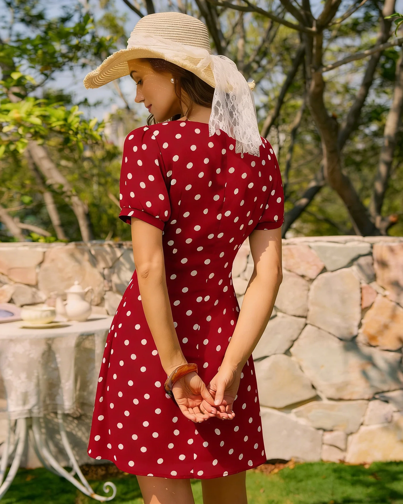 Red Puffed Sleeve Polka Dot Mini Dress - Image 2