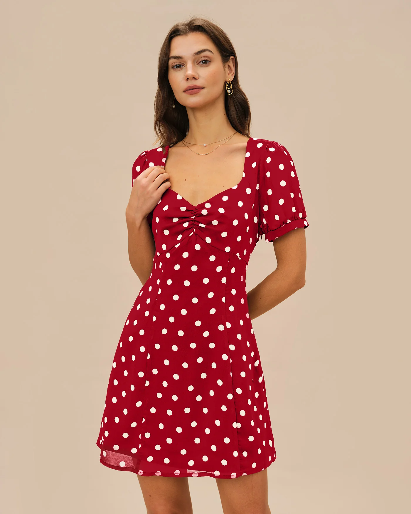 Red Puffed Sleeve Polka Dot Mini Dress - Image 3