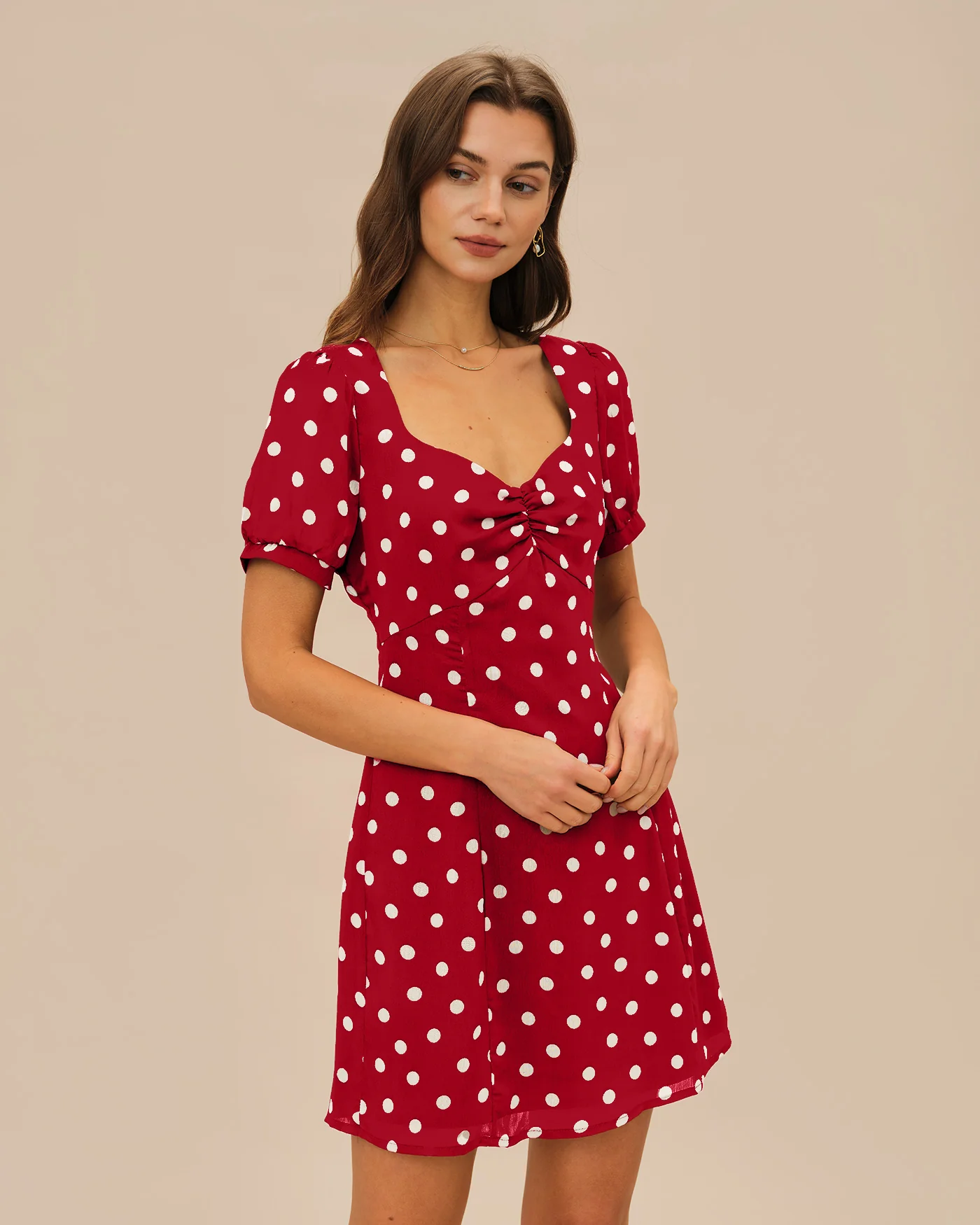 Red Puffed Sleeve Polka Dot Mini Dress - Image 4