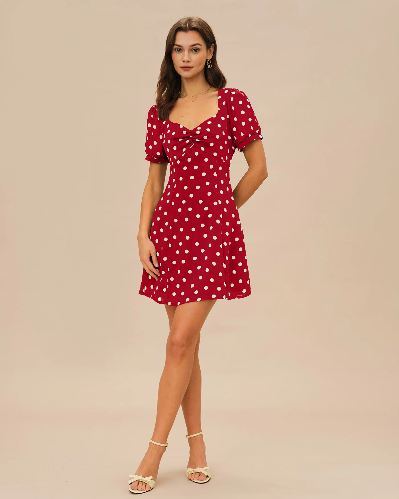 Red Puffed Sleeve Polka Dot Mini Dress - Image 5