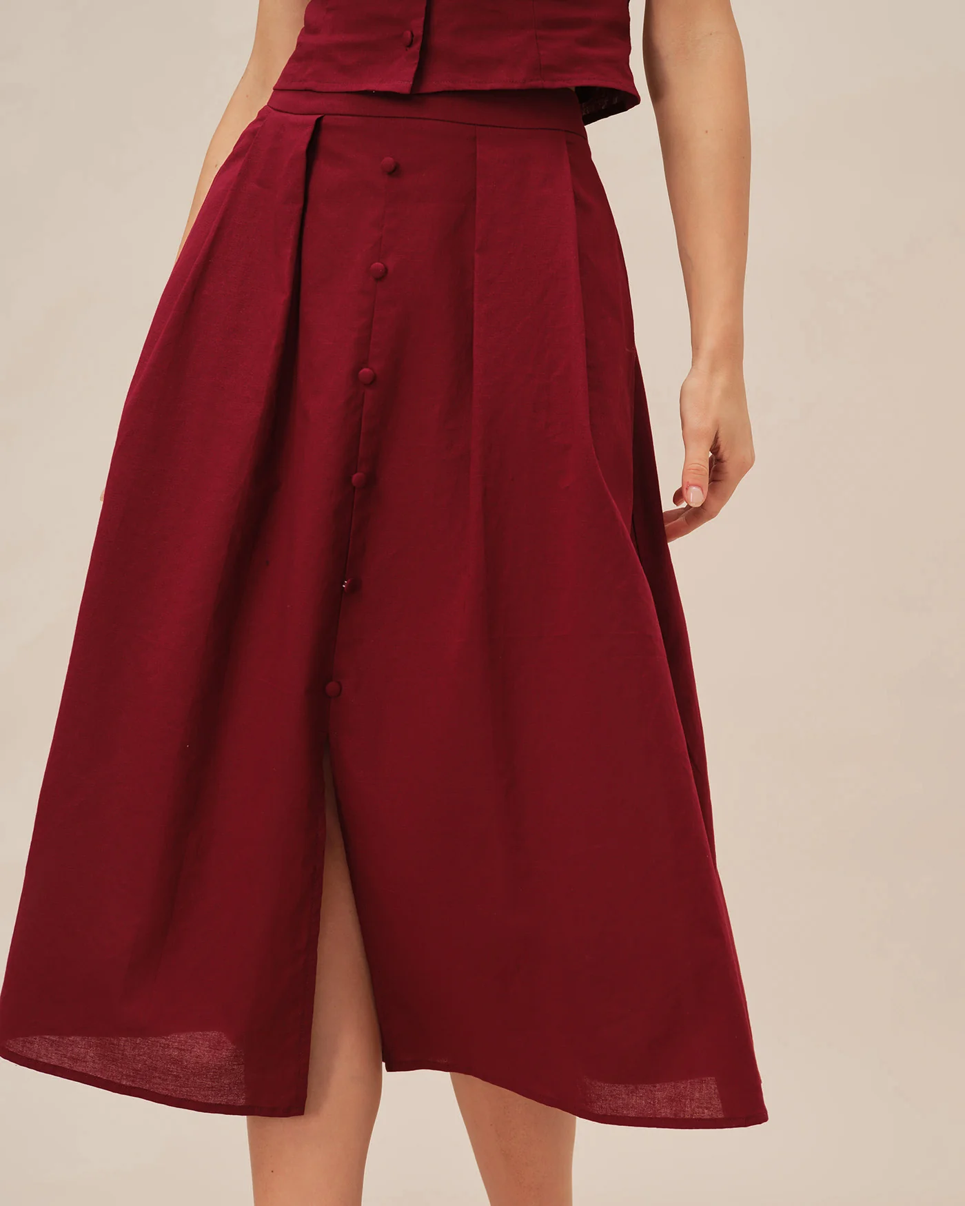 Red Ruched Slit Midi Skirt - Image 2