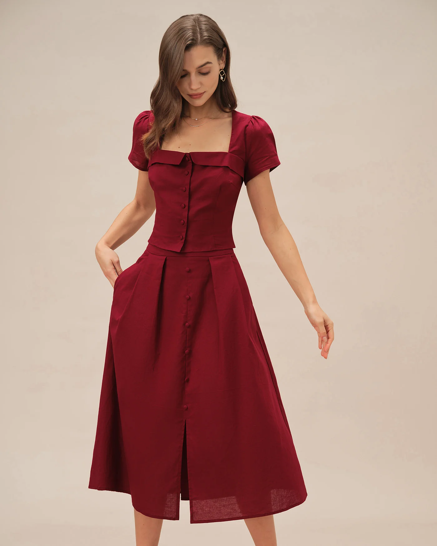 Red Ruched Slit Midi Skirt - Image 3