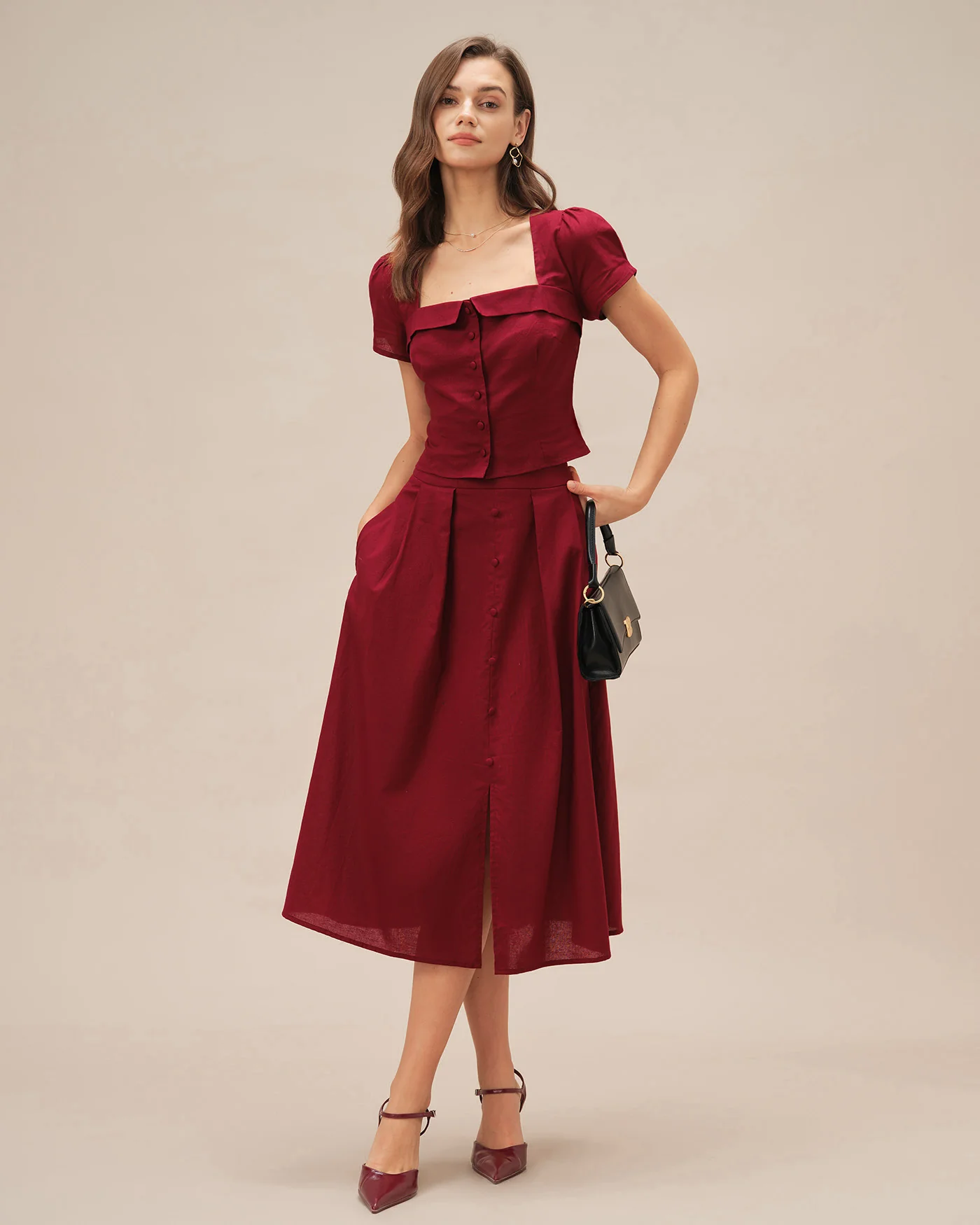 Red Ruched Slit Midi Skirt - Image 4