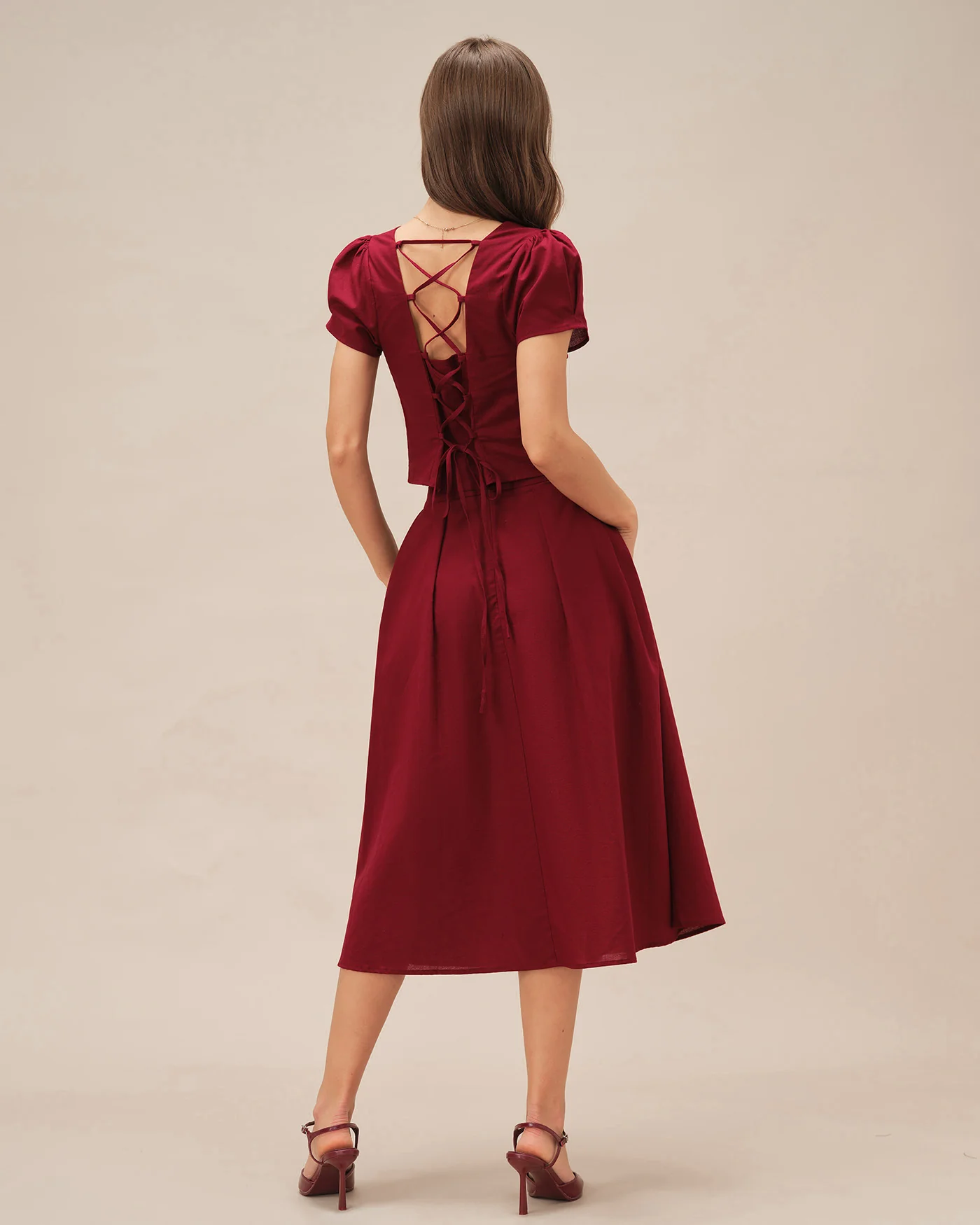 Red Ruched Slit Midi Skirt - Image 5