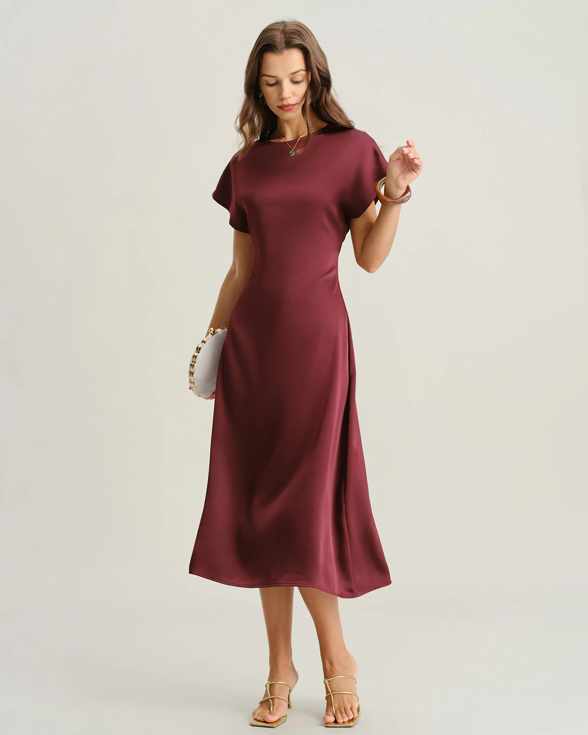 Red Satin Cowl Sleeve A-Line Midi Dress - Image 3