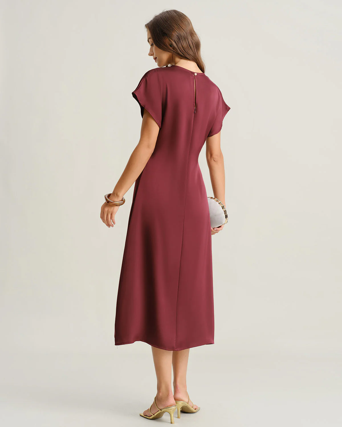 Red Satin Cowl Sleeve A-Line Midi Dress - Image 4