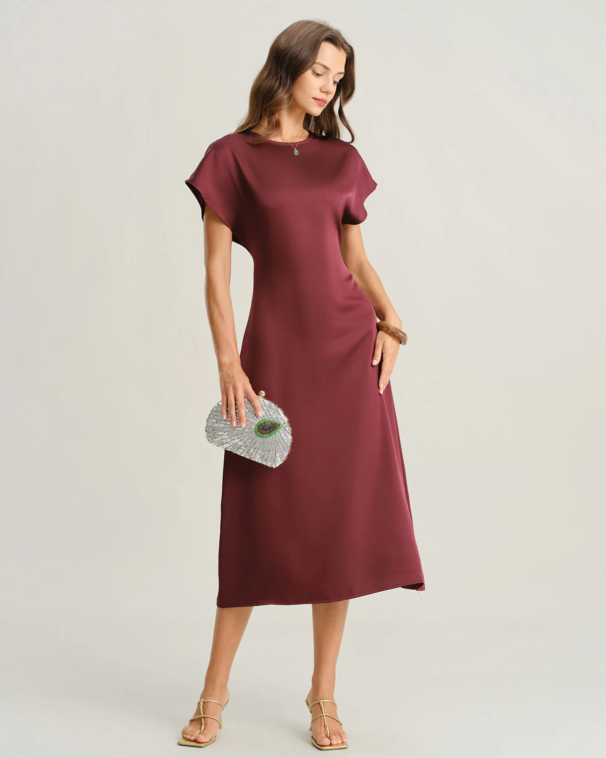 Red Satin Cowl Sleeve A-Line Midi Dress - Image 5
