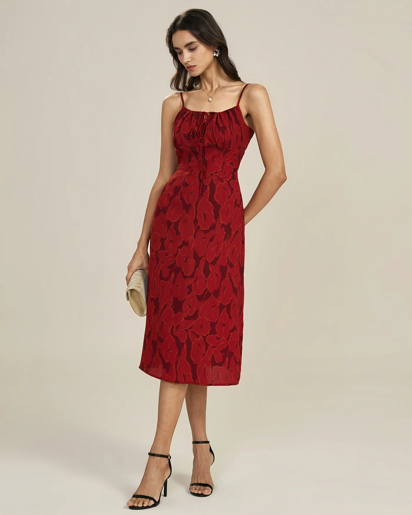 Red Shirred Floral Slip Midi Dress - Image 3
