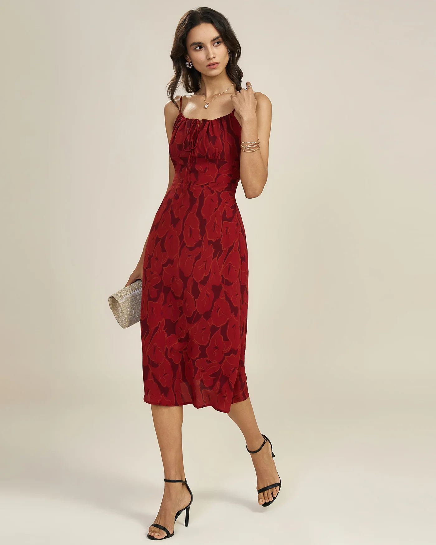 Red Shirred Floral Slip Midi Dress - Image 4