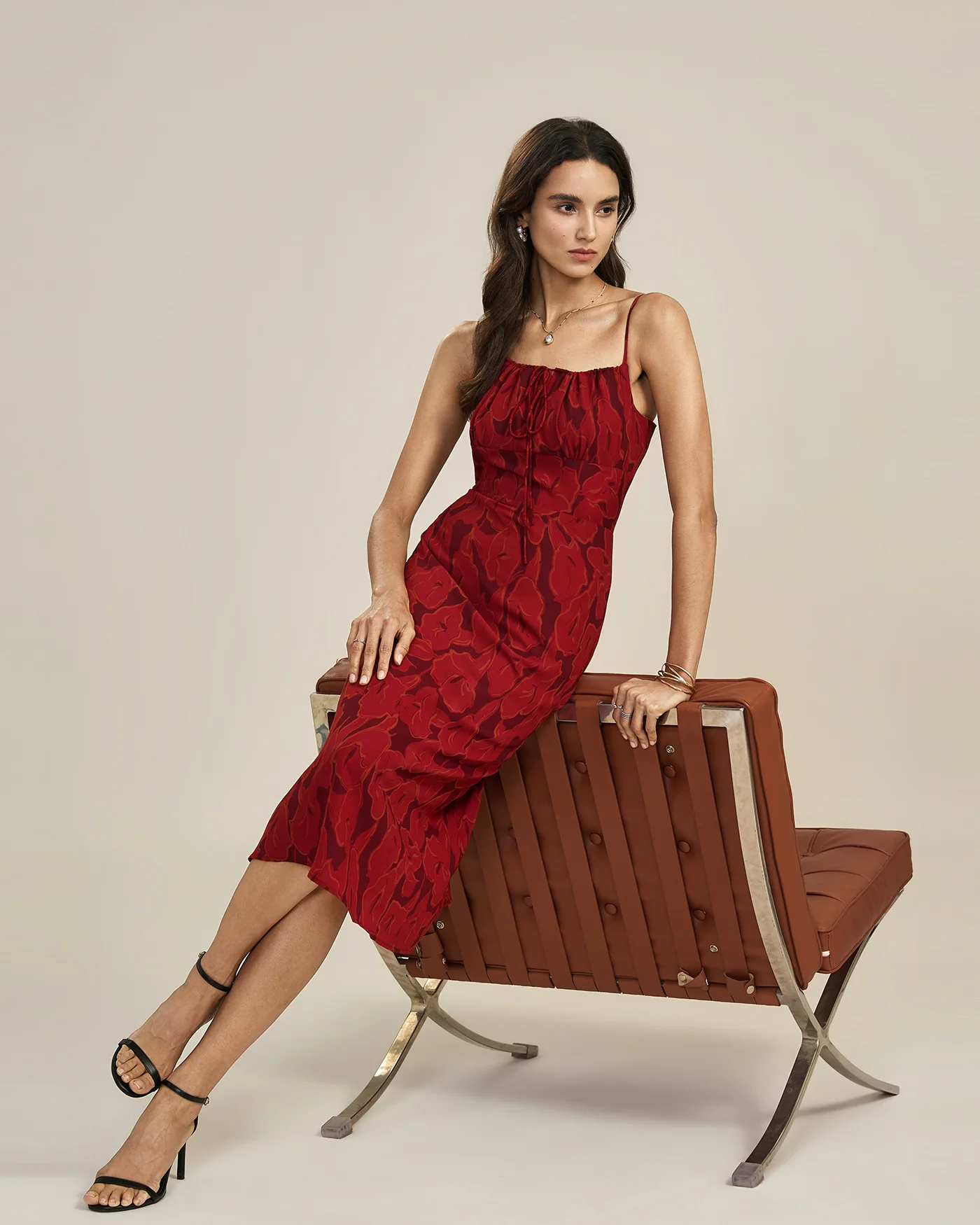 Red Shirred Floral Slip Midi Dress - Image 5