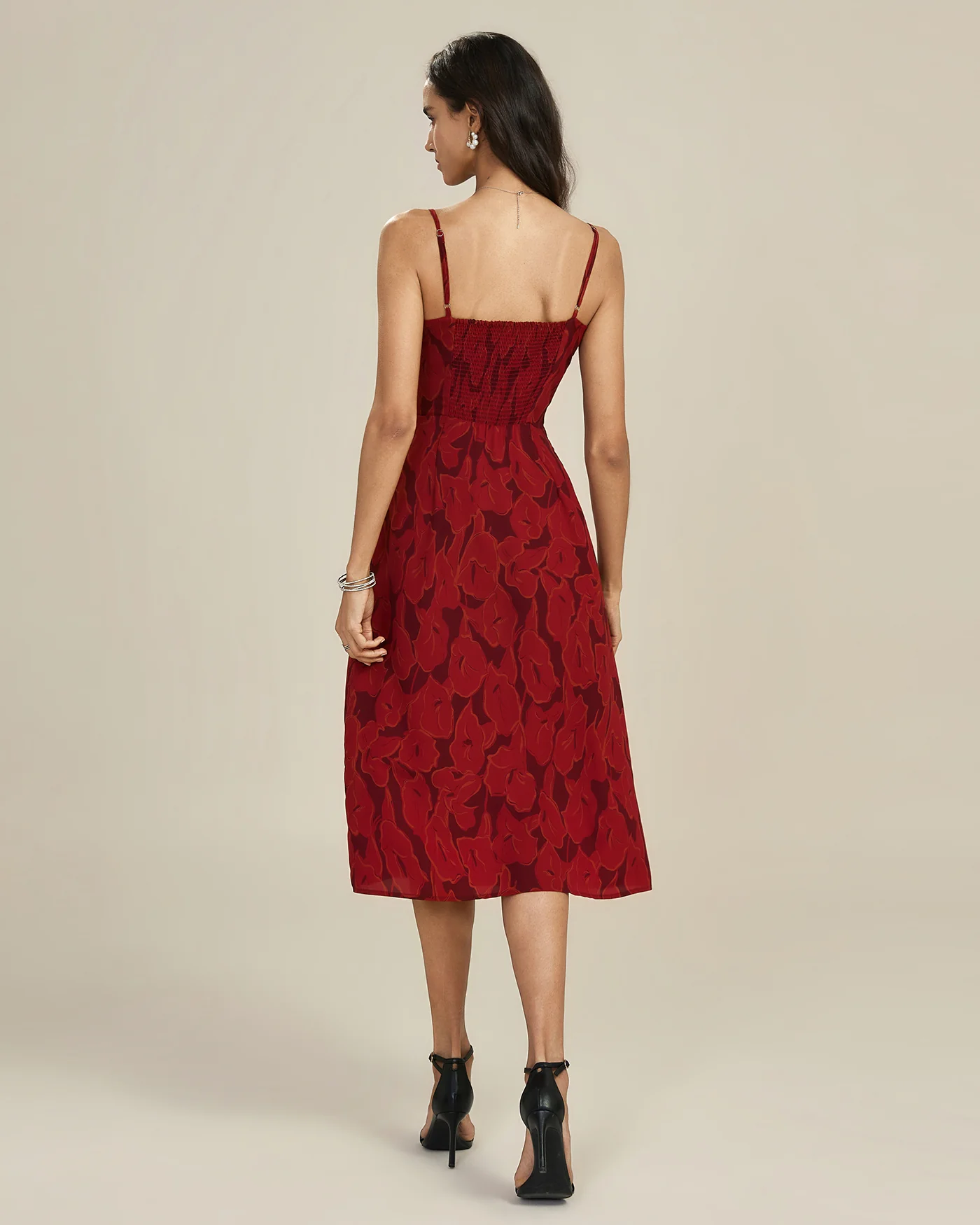 Red Shirred Floral Slip Midi Dress - Image 6