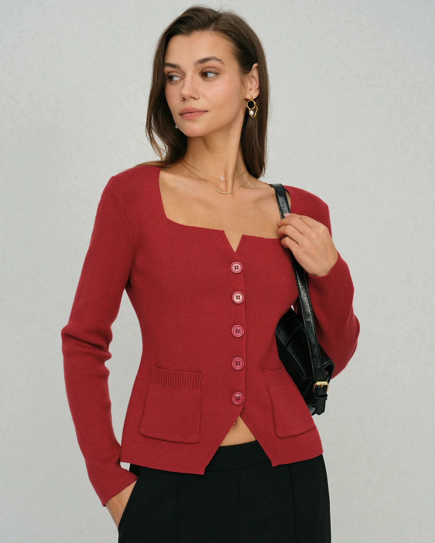 Red Single Breasted Square Neck Cardigan - Image 2
