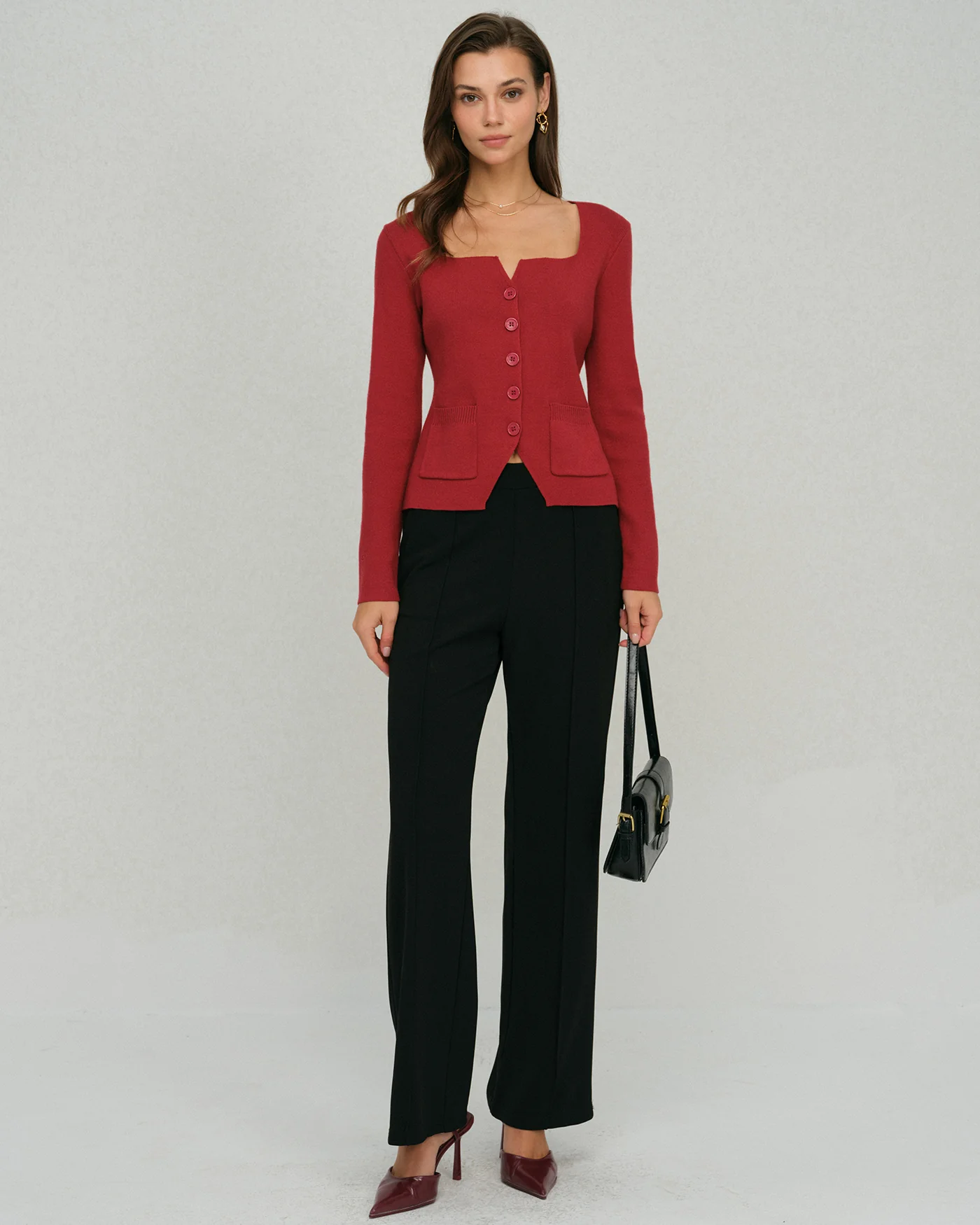 Red Single Breasted Square Neck Cardigan - Image 4