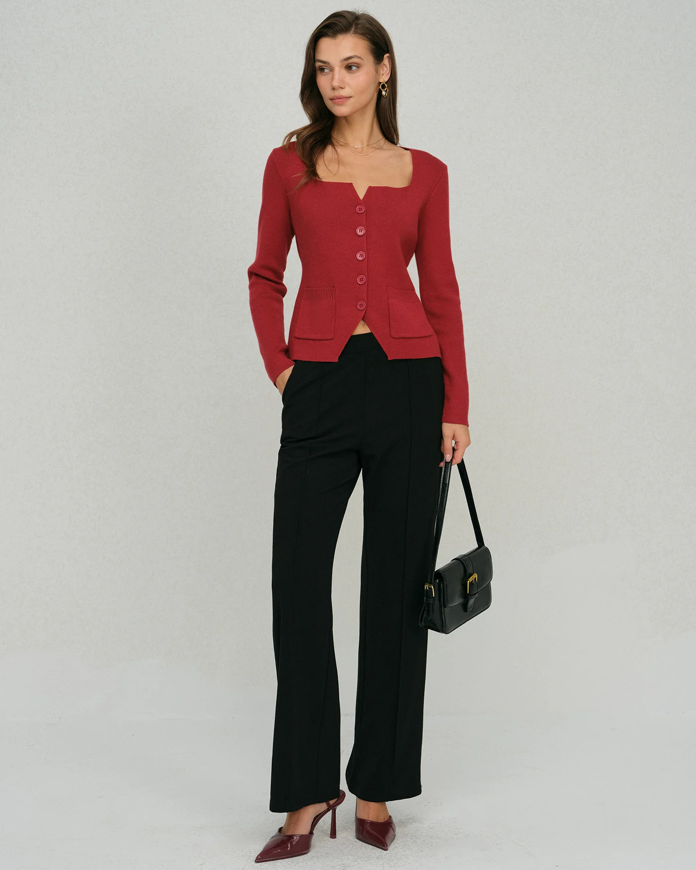 Red Single Breasted Square Neck Cardigan - Image 5