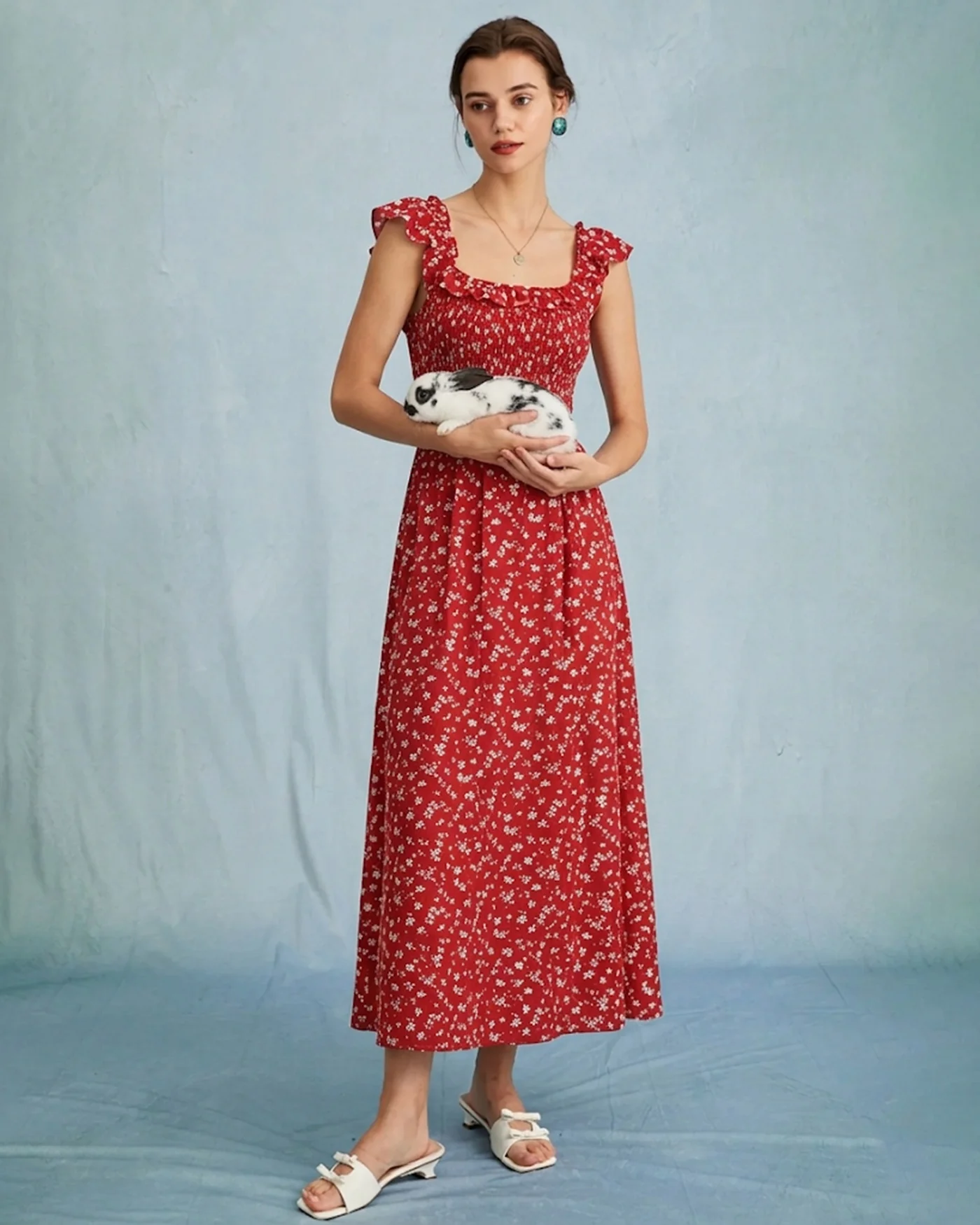 Red Square Neck Floral Midi Dress - Image 2