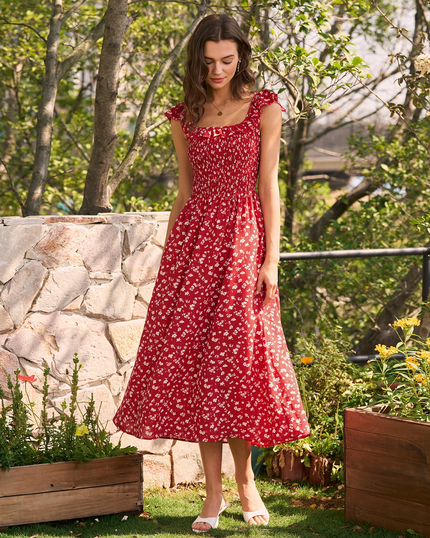 Red Square Neck Floral Midi Dress - Image 3