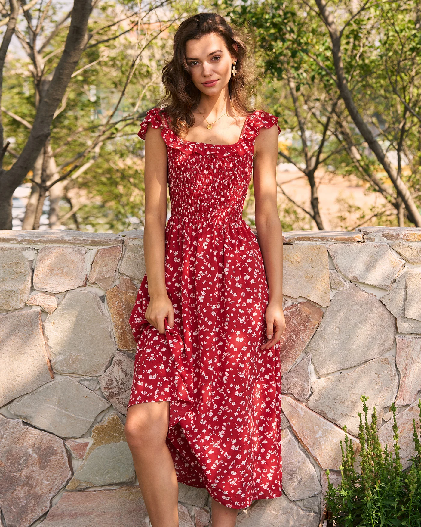 Red Square Neck Floral Midi Dress - Image 5