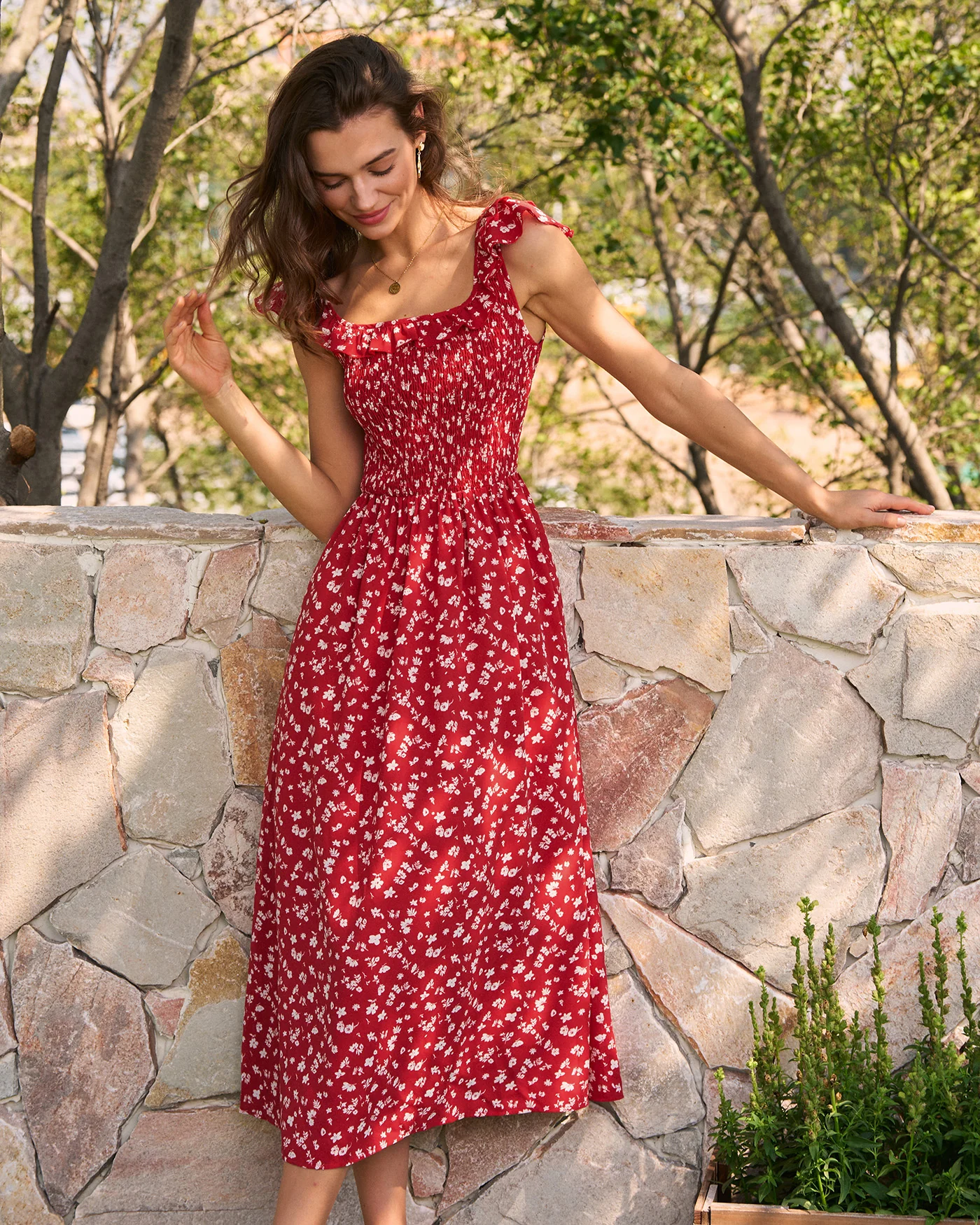 Red Square Neck Floral Midi Dress - Image 6