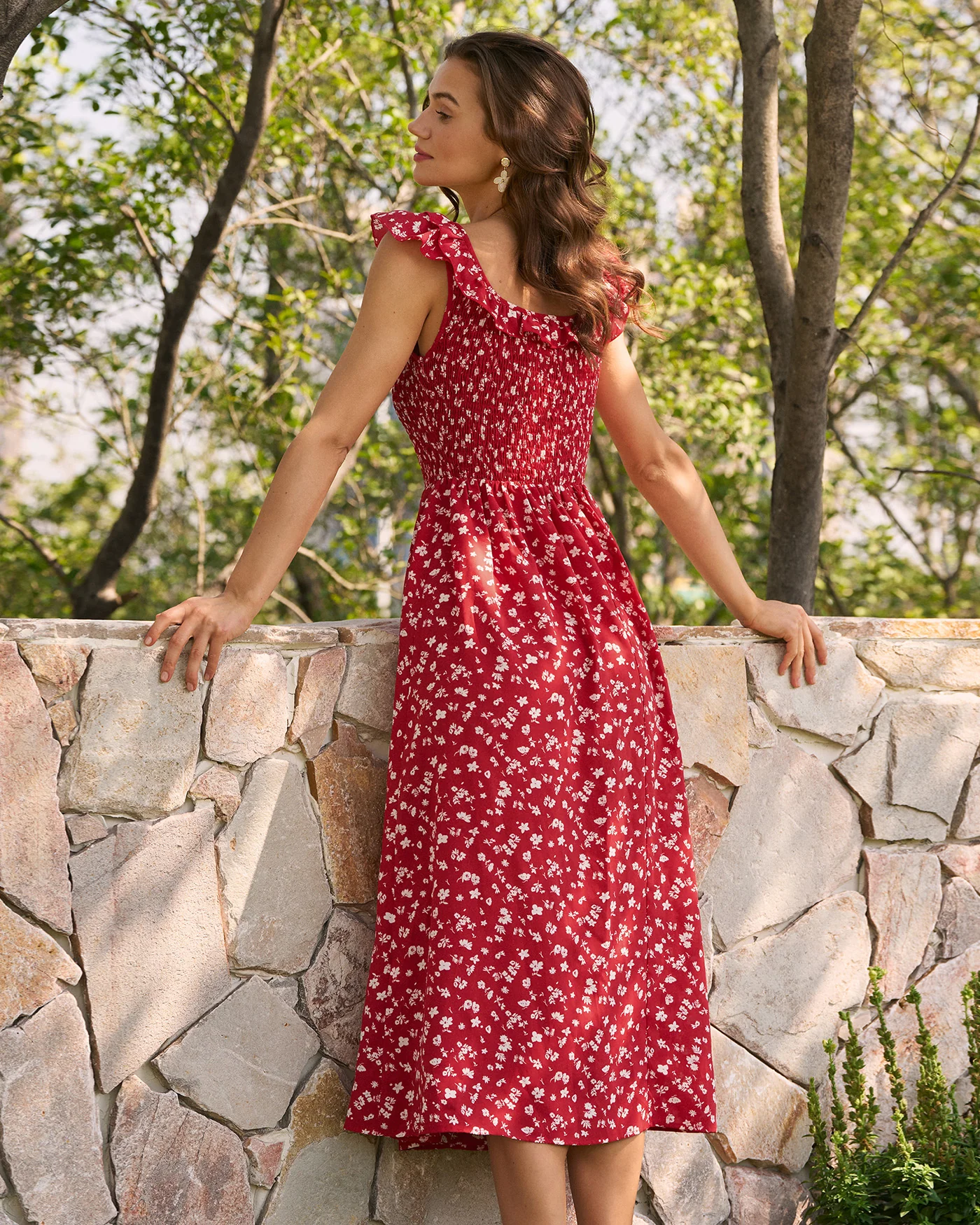 Red Square Neck Floral Midi Dress - Image 8