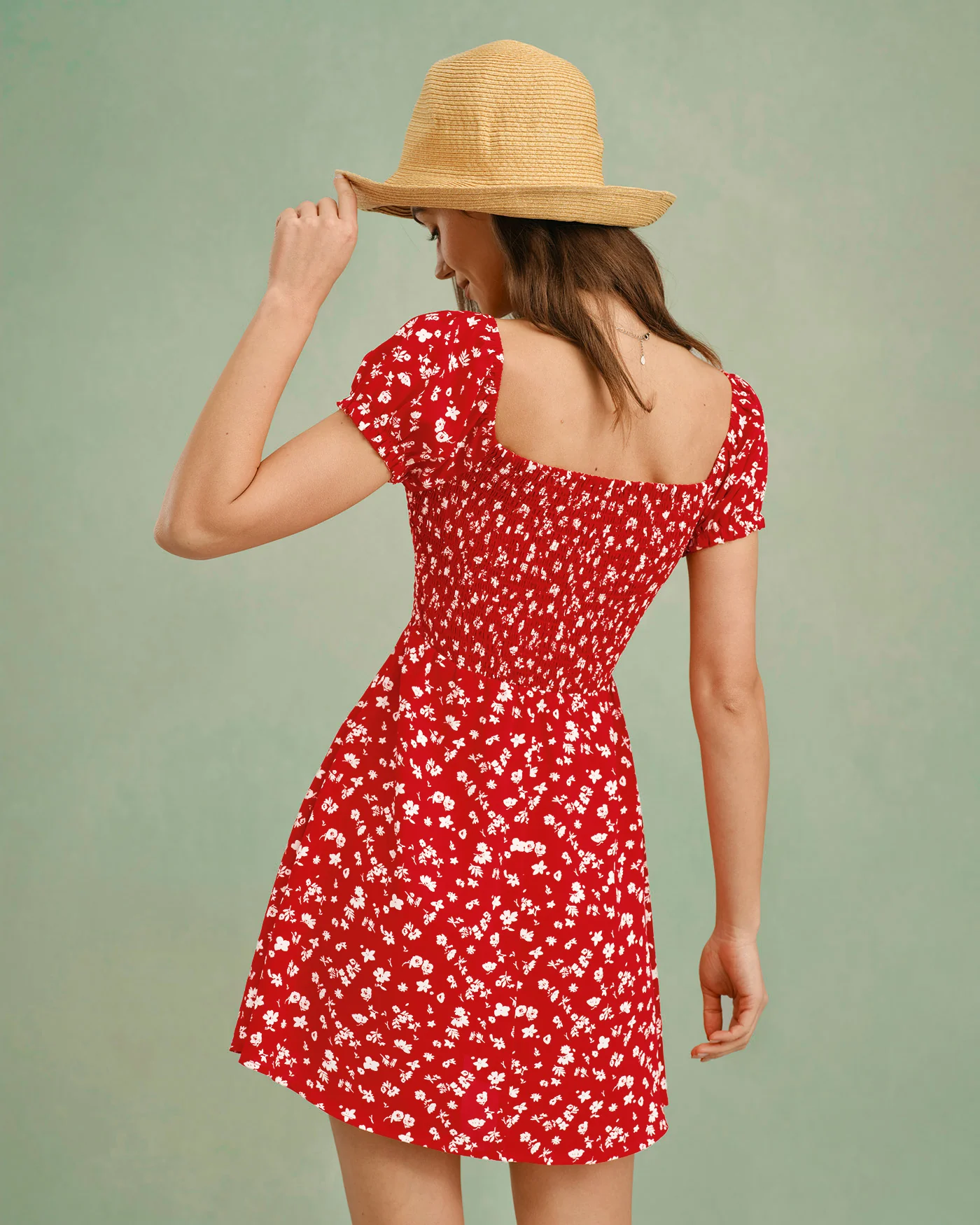 Red Square Neck Floral Mini Dress - Image 3